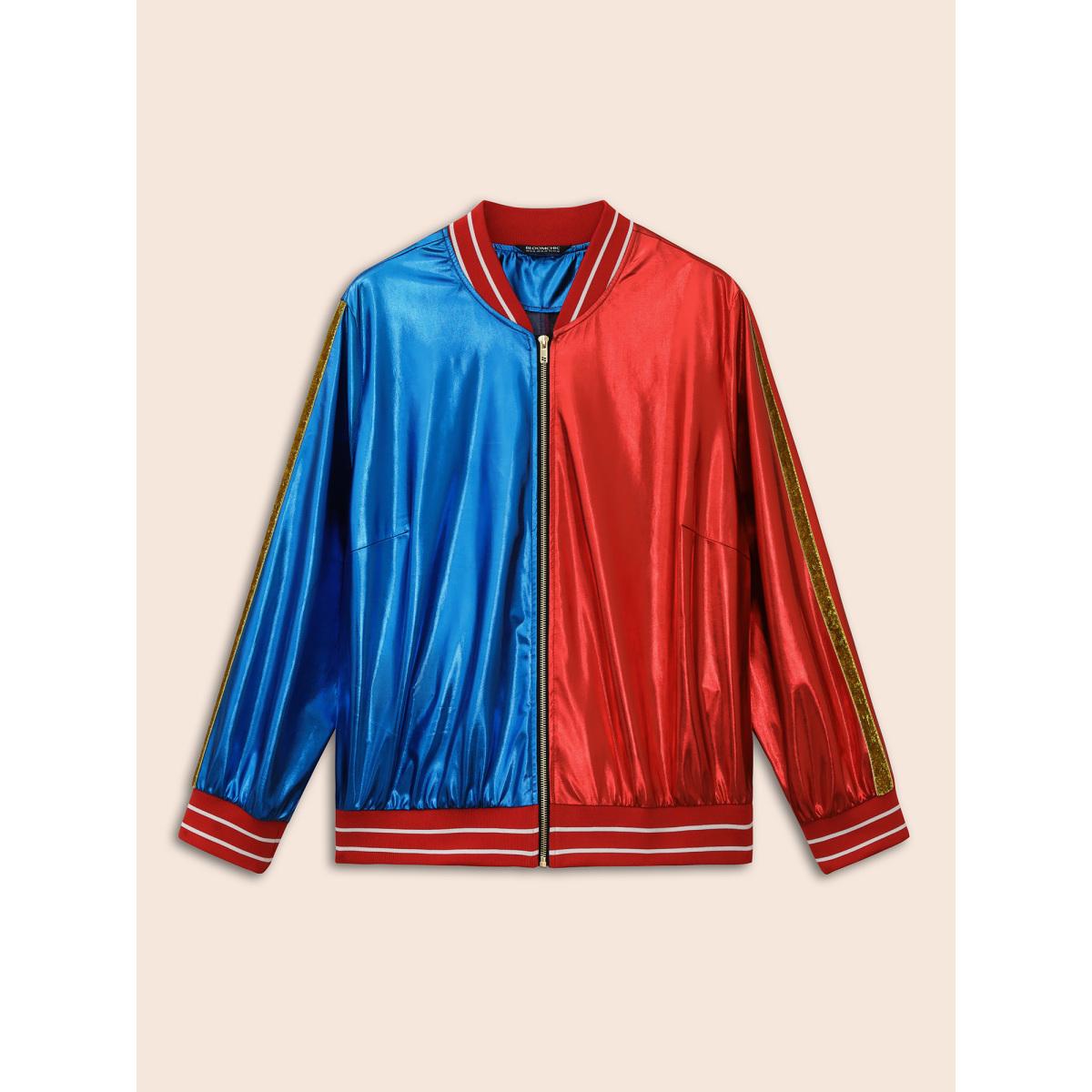 Plus Size Groovy Reflective Stretchy Zipper Jacket Women Crimson Contrast Loose Side seam pocket Everyday Jackets BloomChic 26/4X Product Image