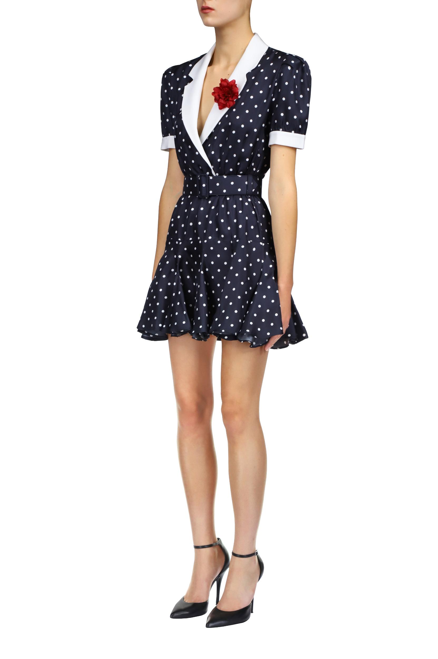Polka Dot Silk Twill Collared Mini Dress With Belt Detail Product Image