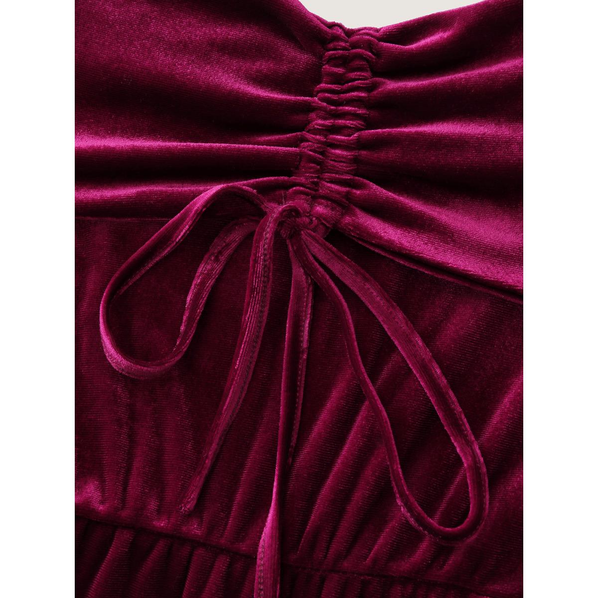 Plus Size Velvet Off-Shoulder Bow Pockets Midi Dress Burgundy Women Party&Cocktail Non Long Sleeve Curvy BloomChic 12/L Product Image
