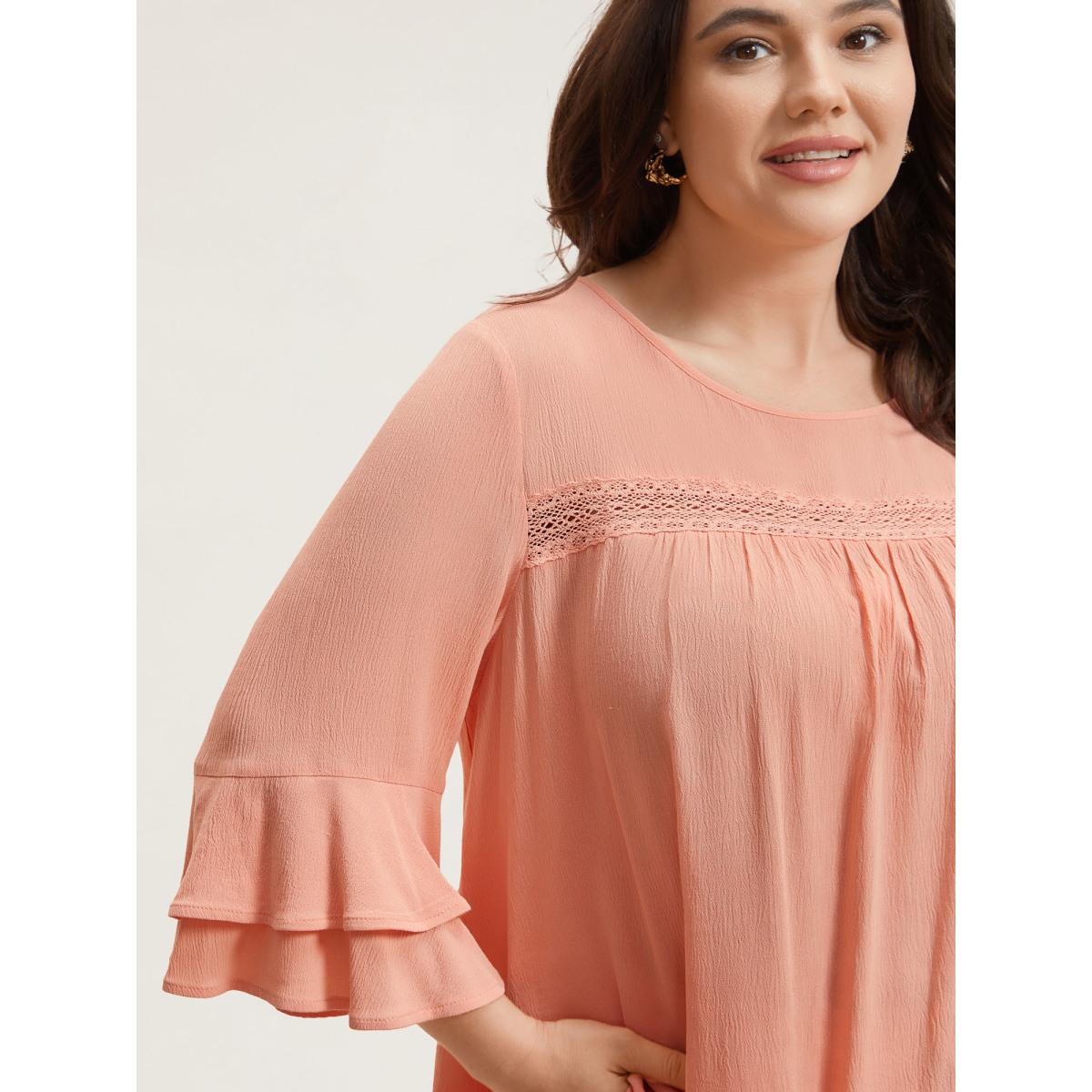 Plus Size Coral Lotus Leaf Edge Lace Spliced Shirt Women At the Office Elbow-length sleeve Round Neck Work Blouses BloomChic 18-20/2X Product Image