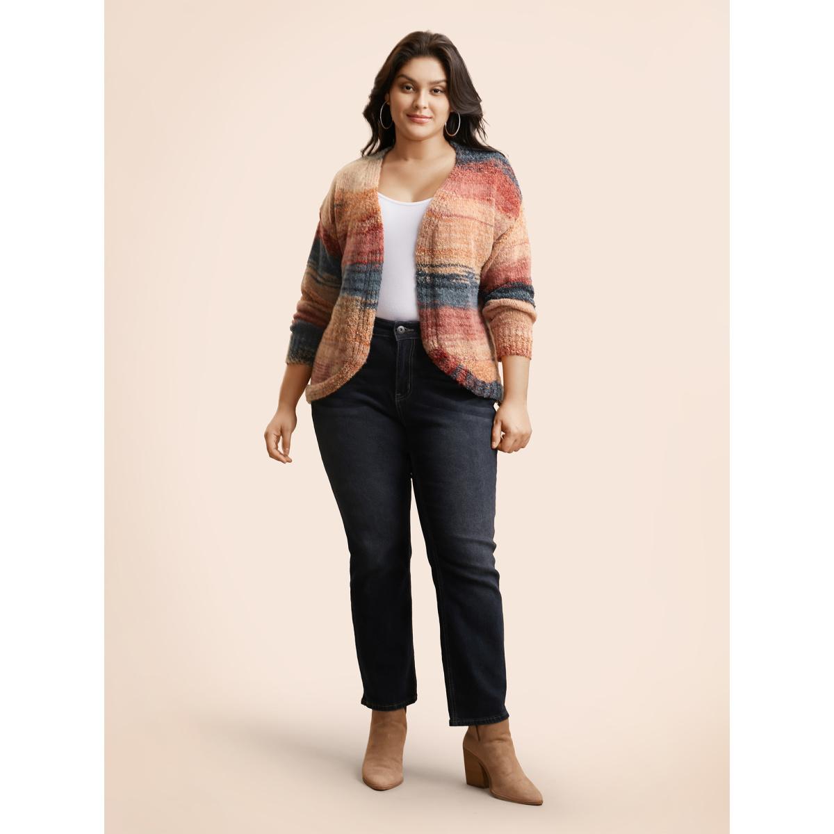 Plus Size Ombre Open Front Curved Hem Cardigan Coral Women Leisure Loose Long Sleeve Casual Cardigans BloomChic 14-16/1X Product Image