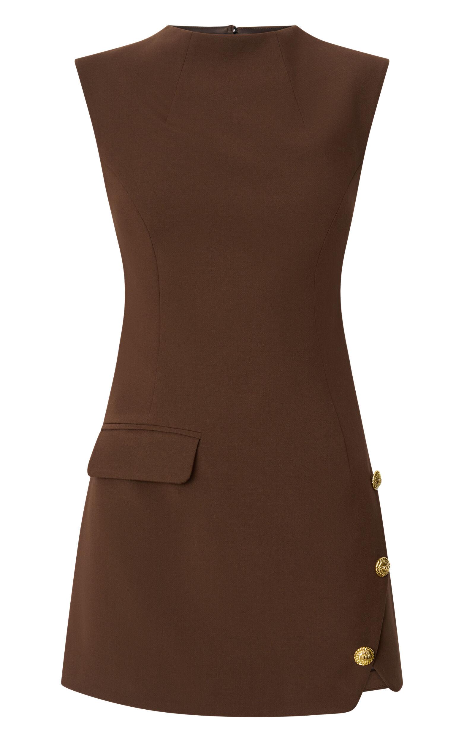 Langley Mini Dress - Sleeveless High Neck Faux Wrap Tulip Dress in Brown Product Image