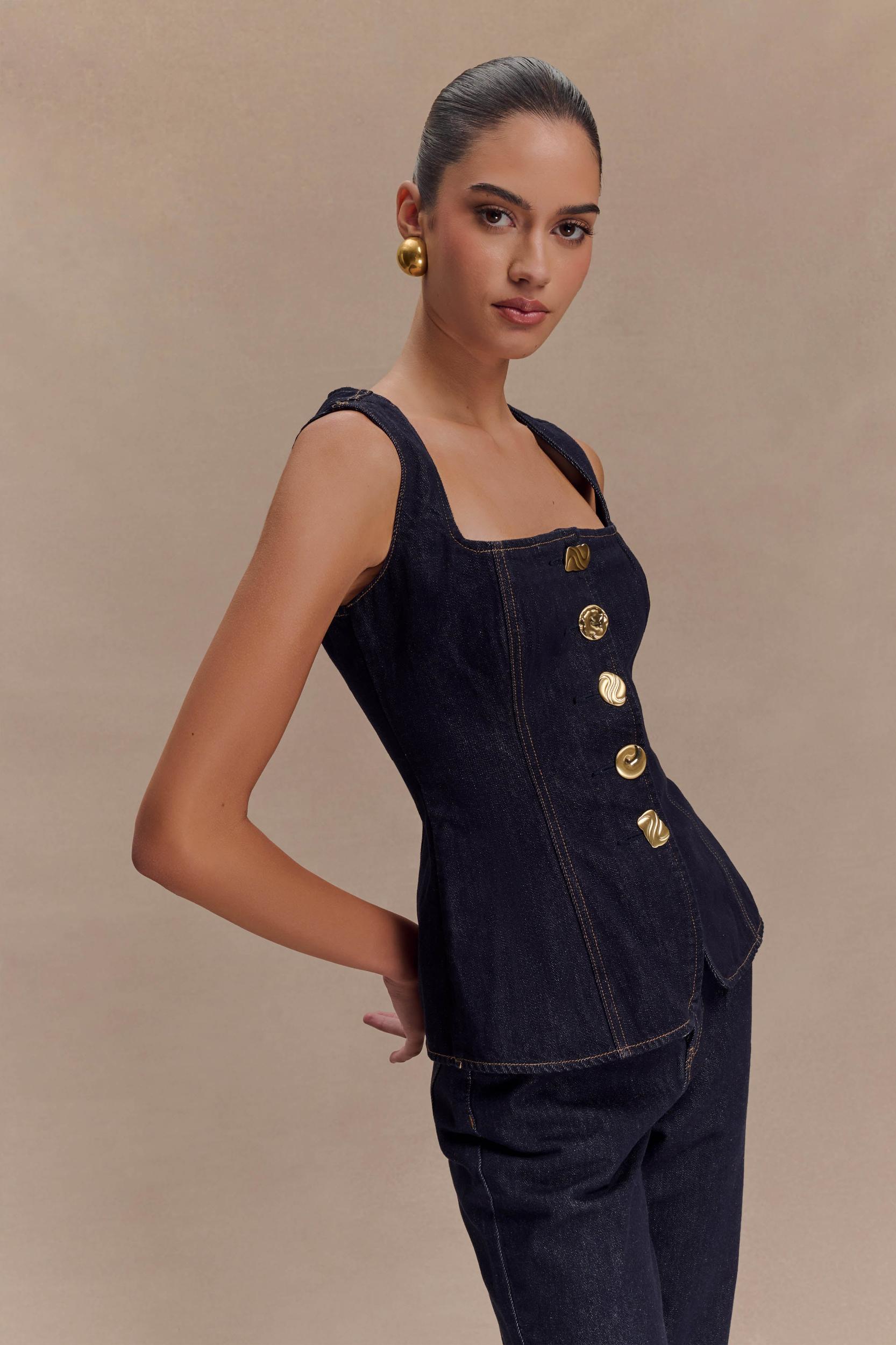 Neve Sleeveless Buttoned Denim Top - Washed Indigo Blue Product Image