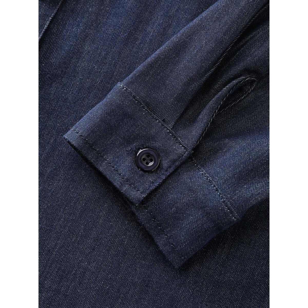 Plus Size Button Down Chest Flaps Denim Shirt Darkindigo Women Low stretch Sleeveless Sleeve Casual Patch pocket Leisure Denim Tops BloomChic 12/L Product Image