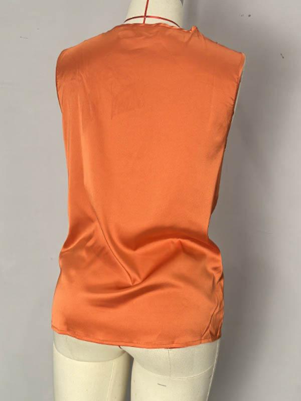 Loose Sleeveless Pleated Solid Color V-Neck Vest Top Product Image