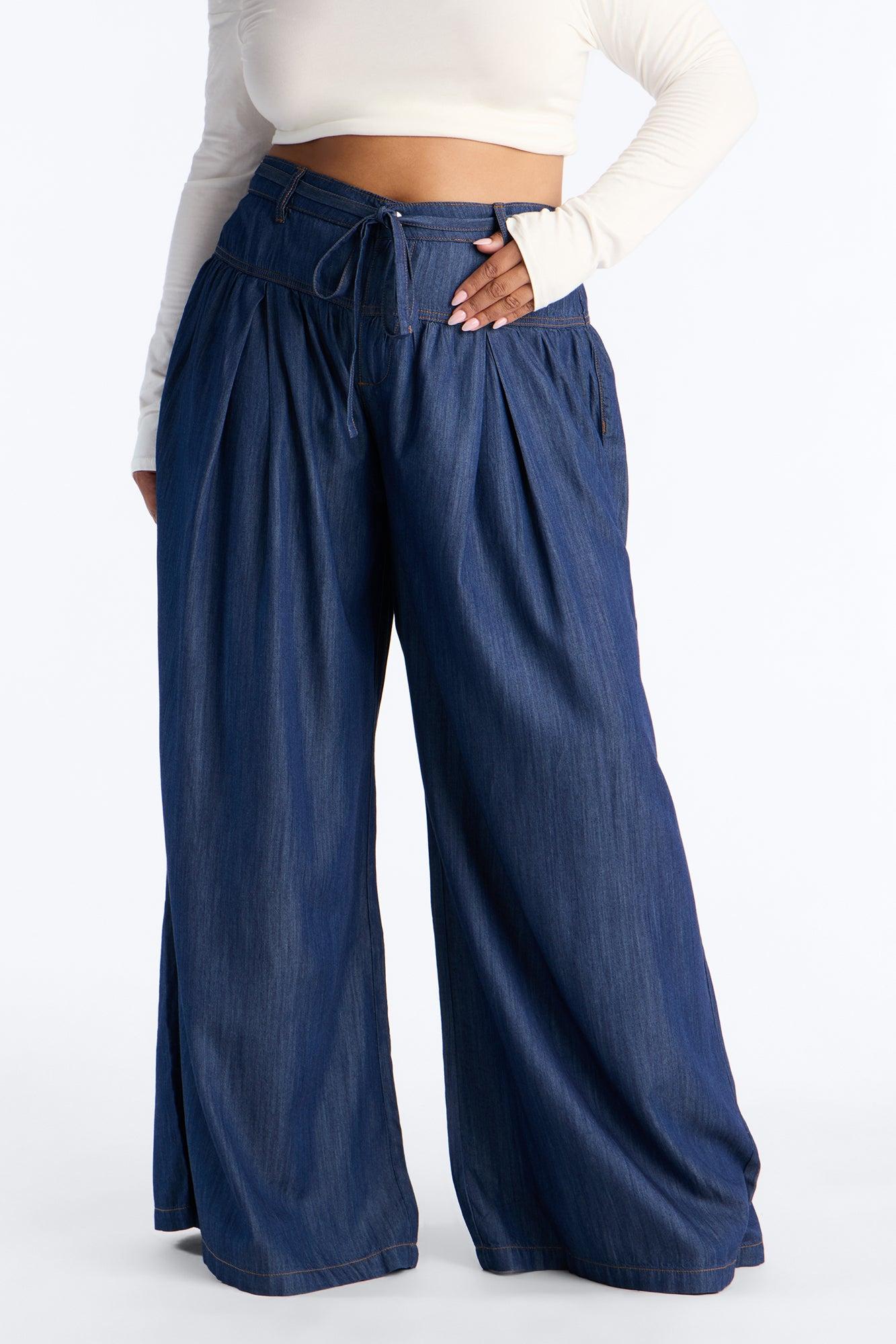 Golden Hour Chambray Tie Waist Pant 33″ - Dark Wash Female Product Image