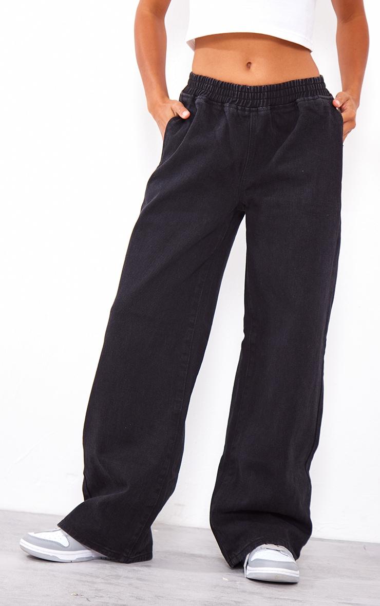 Petite Black Elasticated Wide Leg Jeans Product Image