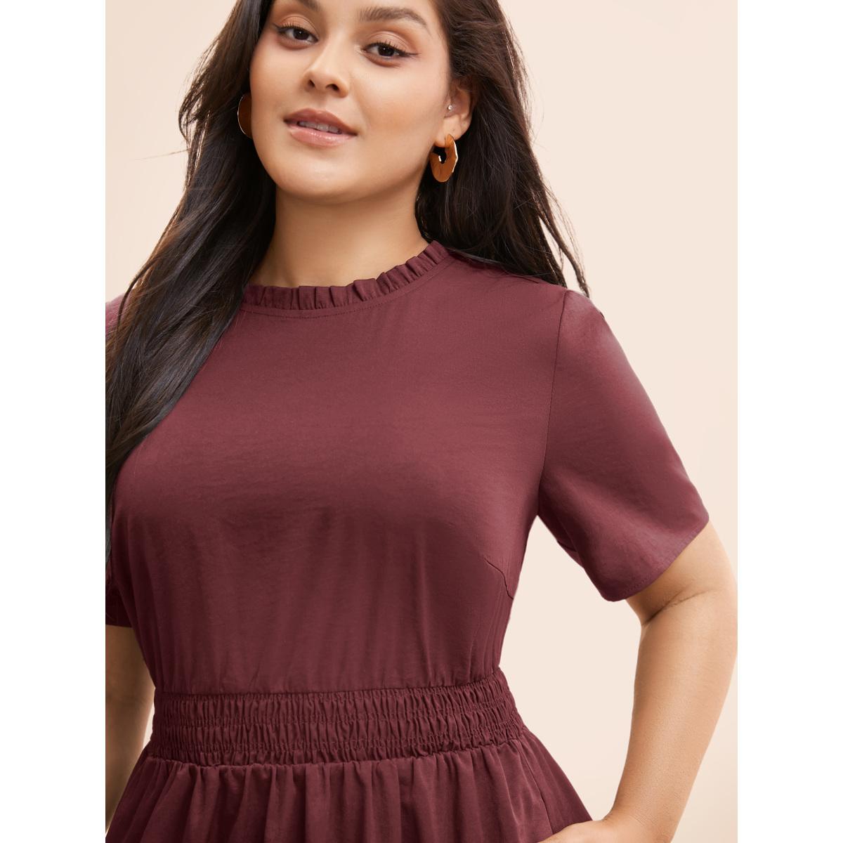 Plus Size Plain Frill Trim Ruffle Layered Hem Dress Cyan Women Timeless Tucked seam Mock Neck Short sleeve Curvy BloomChic 18-20/2X Product Image
