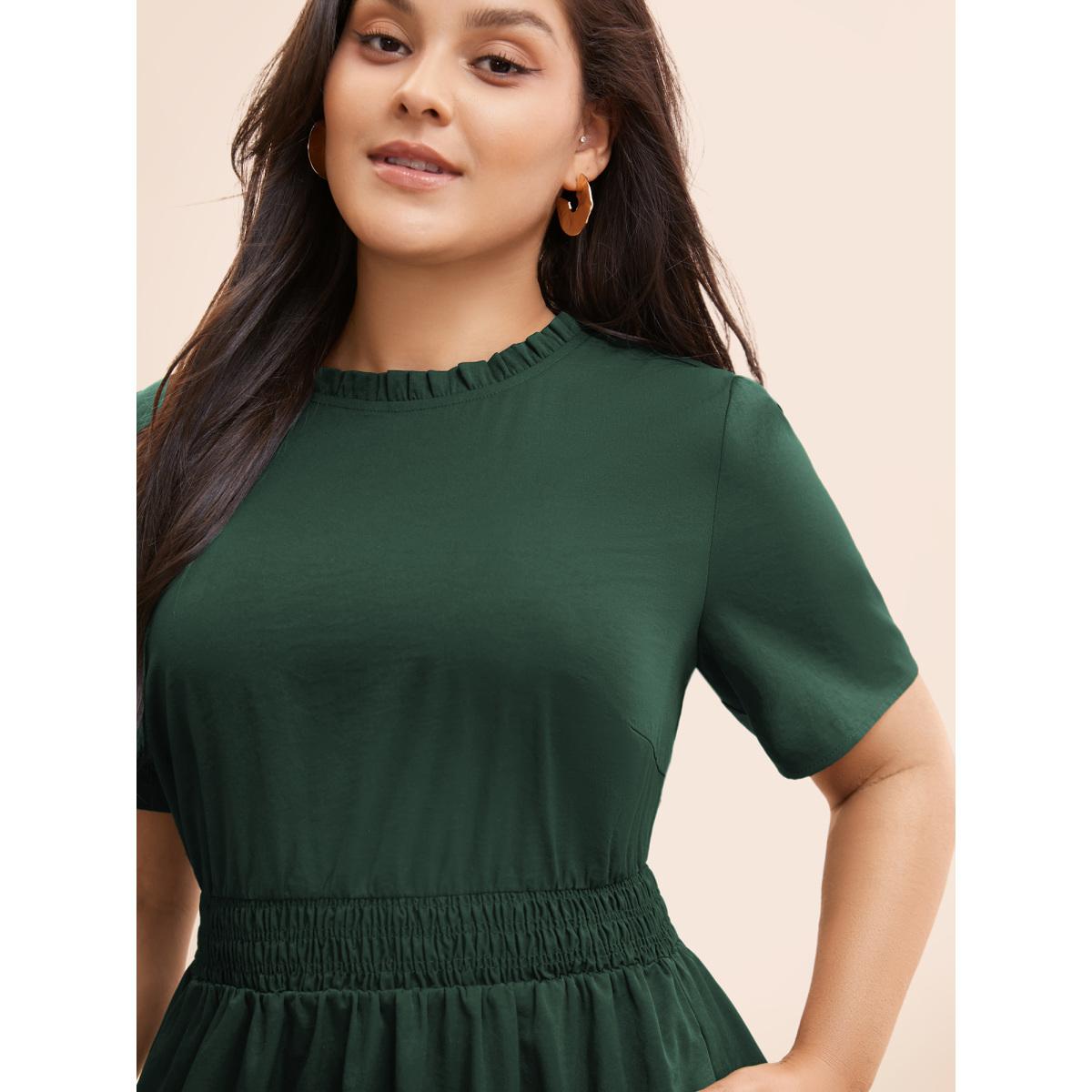 Plus Size Plain Frill Trim Ruffle Layered Hem Dress Cyan Women Resort Tucked seam Mock Neck Short sleeve Curvy BloomChic 22-24/3X Product Image