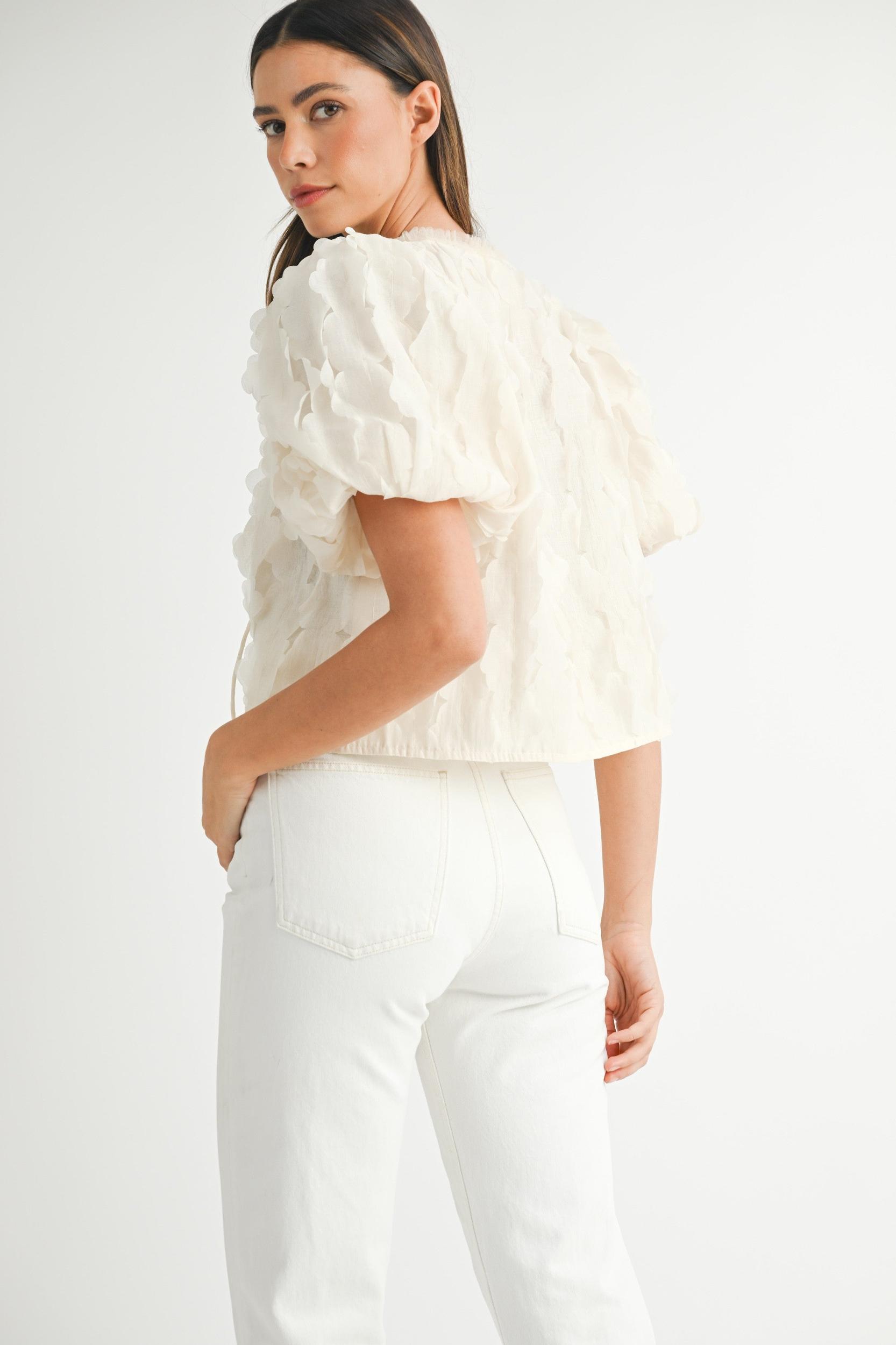 Textured Scallop Puff Sleeve Blouse Top Product Image