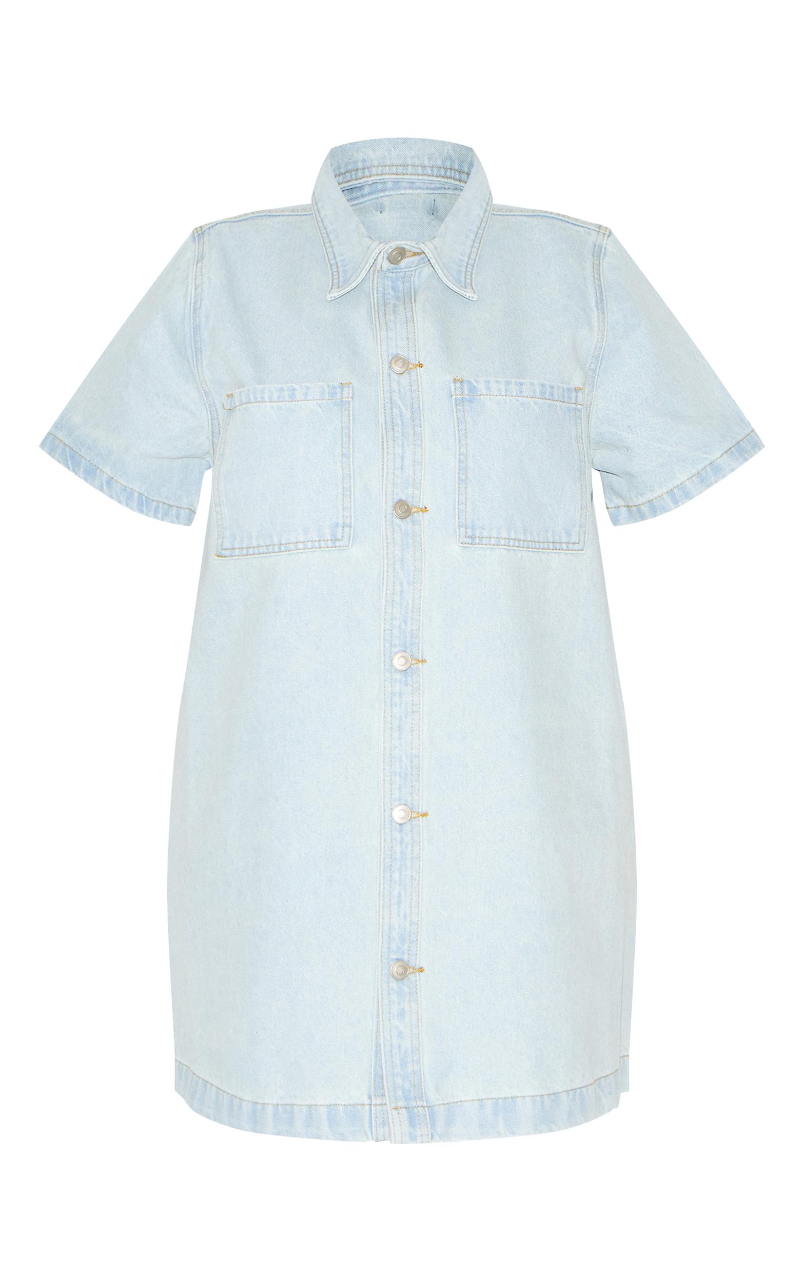Plus Light Blue Contrast Stitch Denim Shirt Dress Product Image