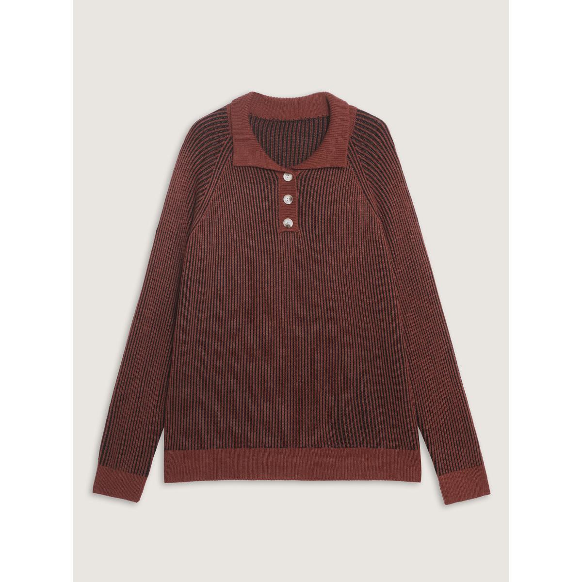 Plus Size Polo Collar Color Contrast Textured Pullover Russet Women Leisure Loose Long Sleeve Polo Casual Pullovers BloomChic 14-16/1X Product Image