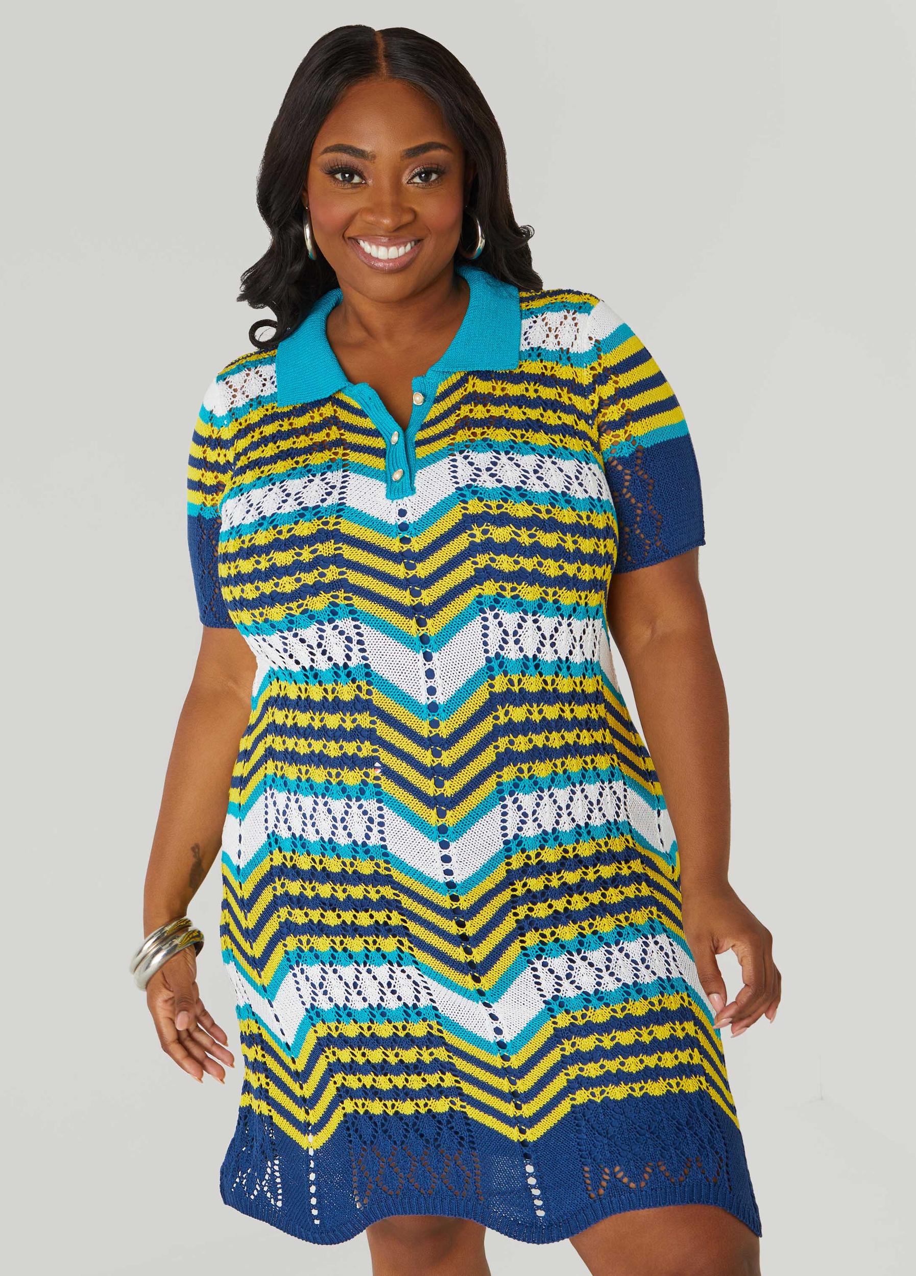 Plus Size Striped Pointelle Knit Polo Dress Ashley Stewart Product Image