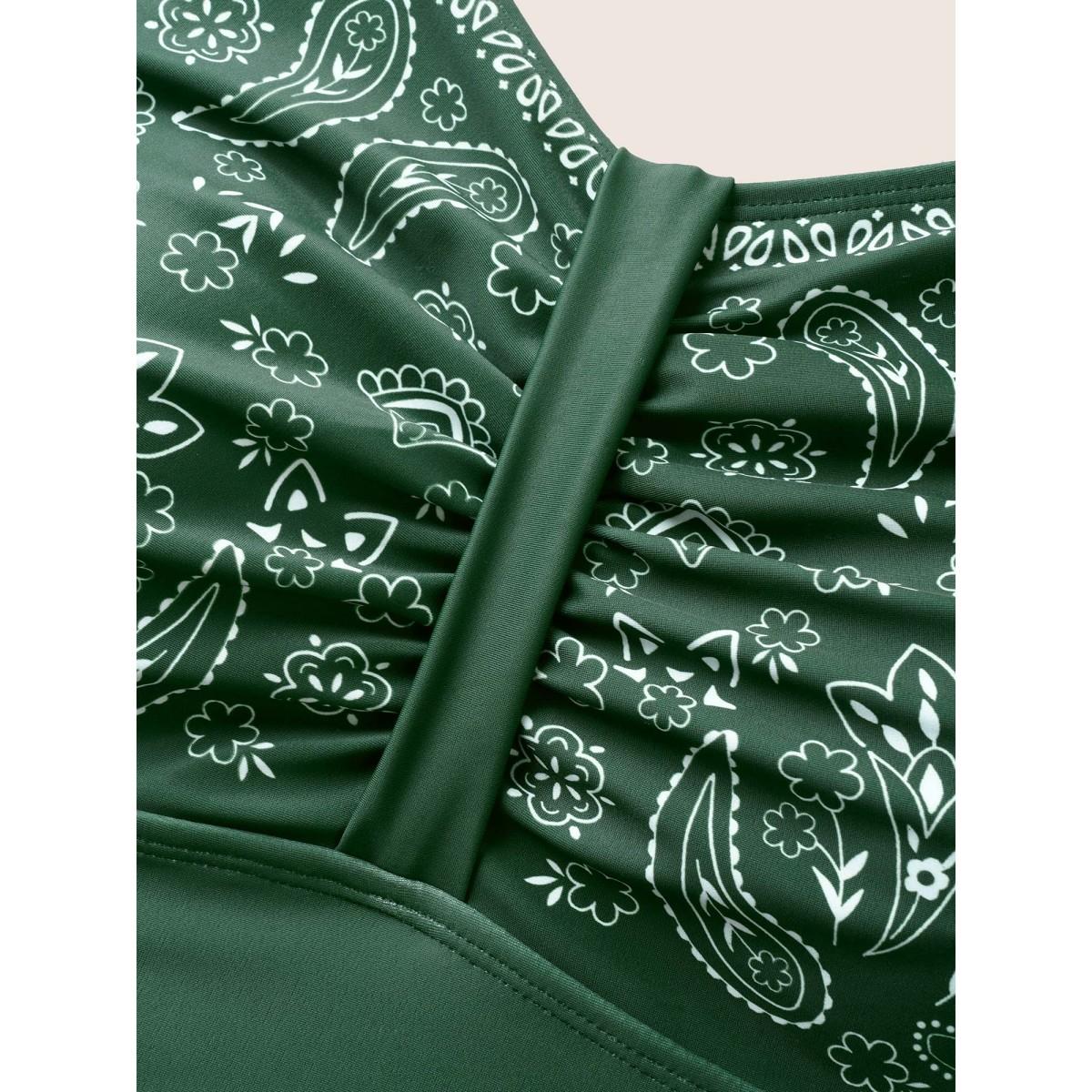 Plus Size Paisley Print Ruched Adjustable Straps Swim Dress Women's Swimwear ArmyGreen Beach Bodycon Heart neckline High stretch Curve Swim Dresses BloomChic 26/4X Product Image