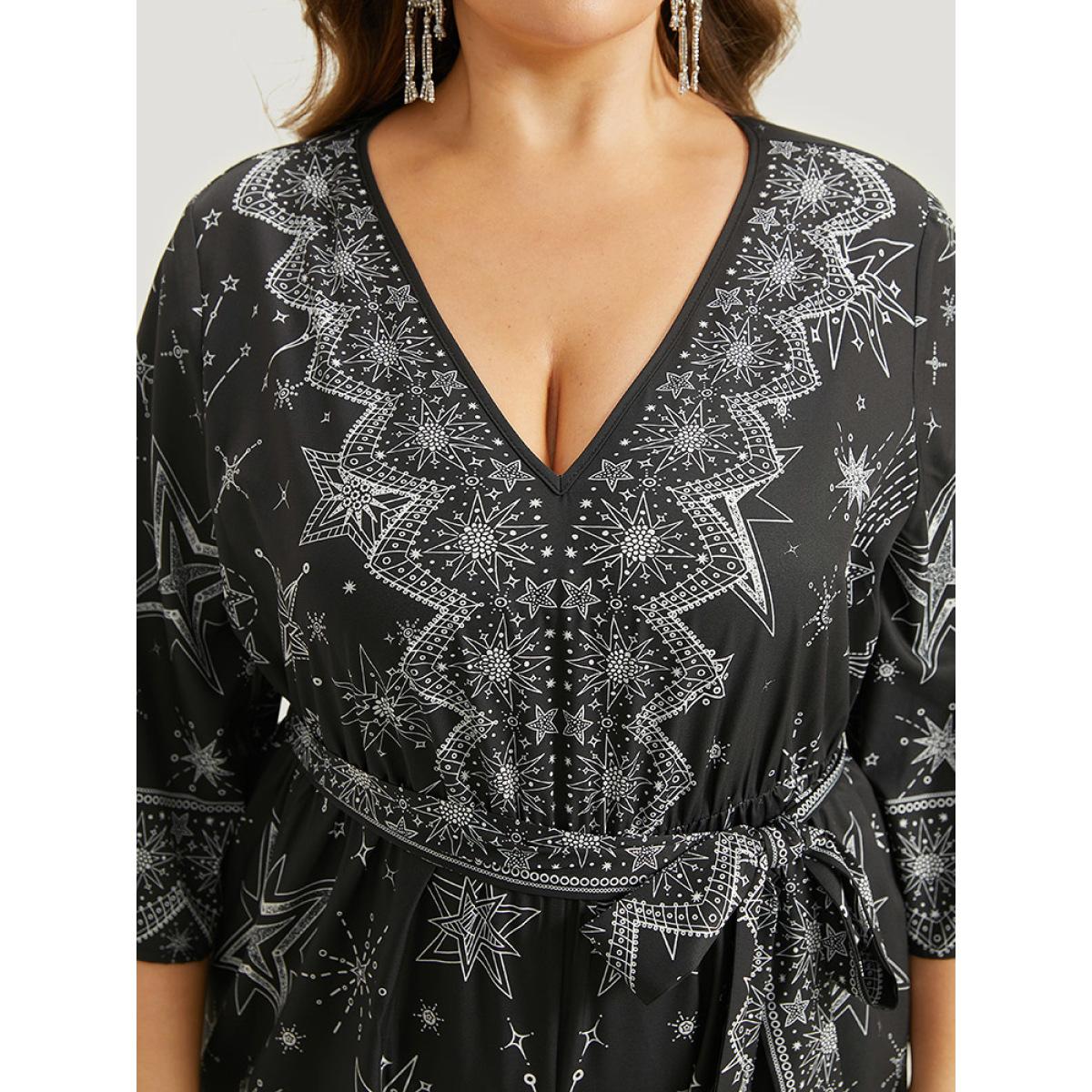 Plus Size Black Halloween Star Print Belted V Neck Jumpsuit Women Elegant Elbow-length sleeve V-neck Festival-Halloween Loose Jumpsuits BloomChic 30/6X Product Image