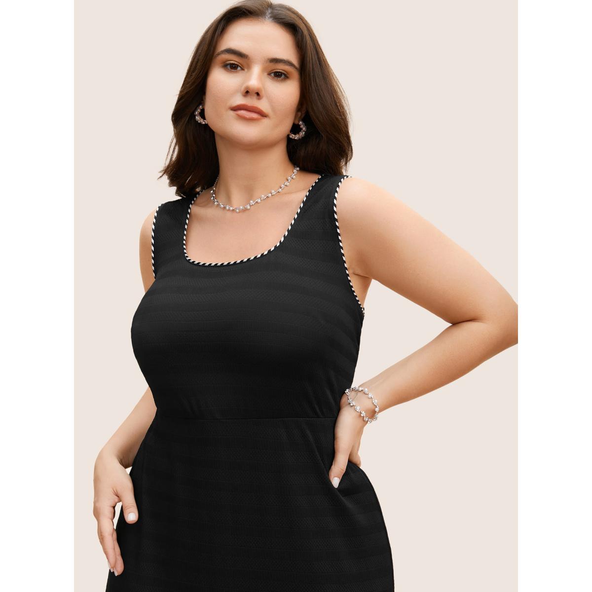 Plus Size Square Neck Contrast Webbing Split Hem Dress Black Women Elegant Woven ribbon&lace trim Square Neck Sleeveless Curvy BloomChic 14-16/1X Product Image
