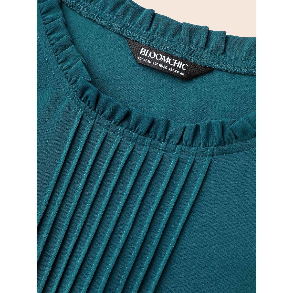 Plus Size Aegean Plain Pleated Lantern Sleeve Slit Hem Blouse Women At the Office Extra Long Sleeve Round Neck Office Blouses BloomChic 22-24/3X Product Image