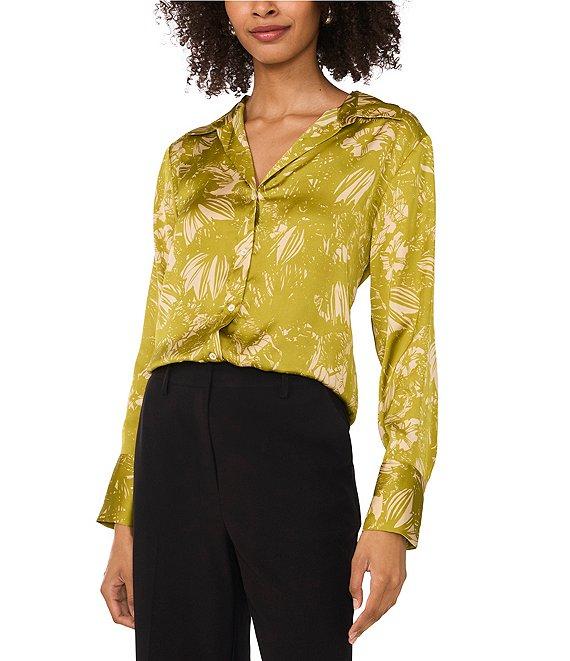 Vince Camuto Charmeuse Printed Notch Collar Long Sleeve Button Front Blouse Product Image