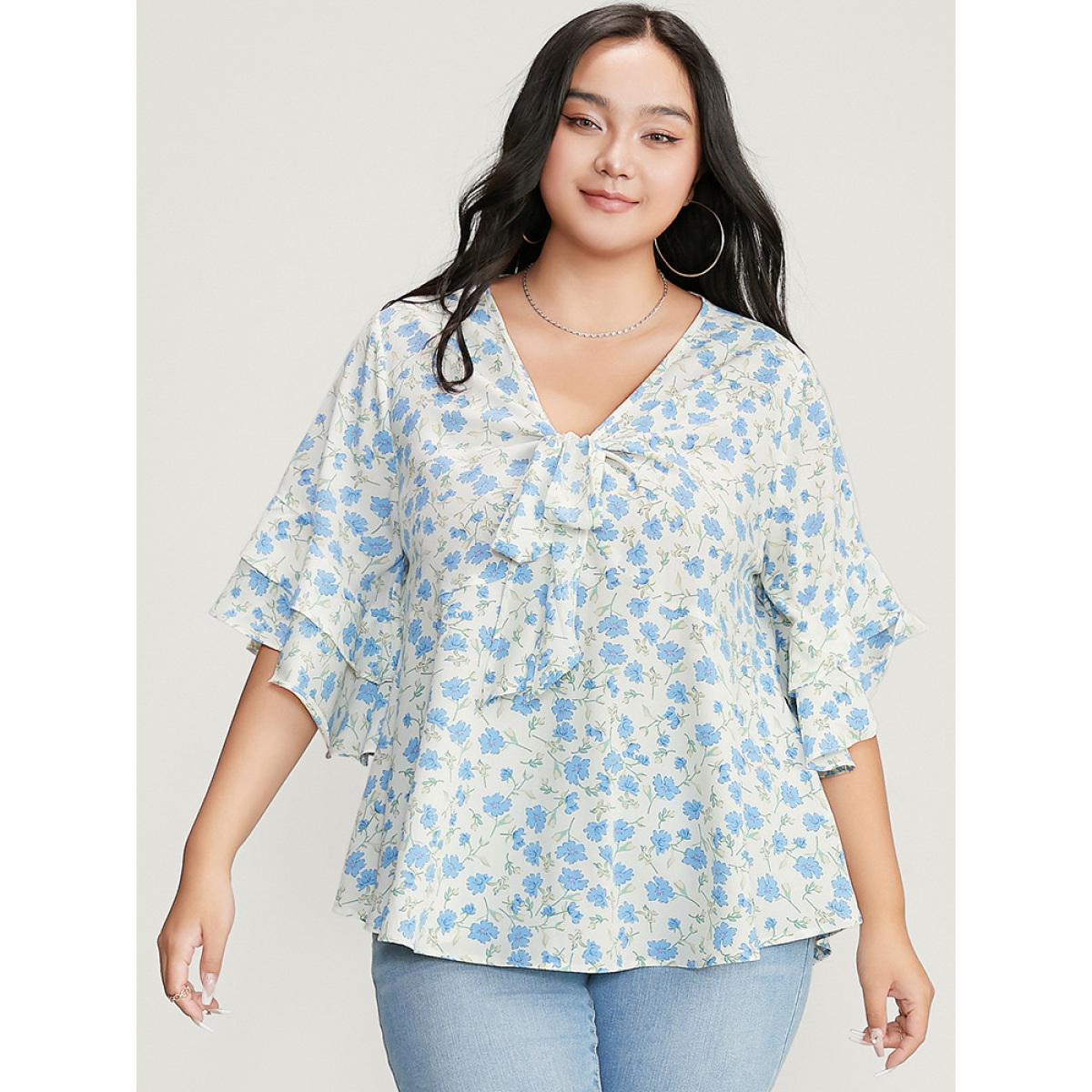 Plus Size White Floral Printed Knotted Front V Neck Ruffle Sleeve Blouse Women Elegant Elbow-length sleeve V-neck Dailywear Blouses BloomChic 26/4X Product Image