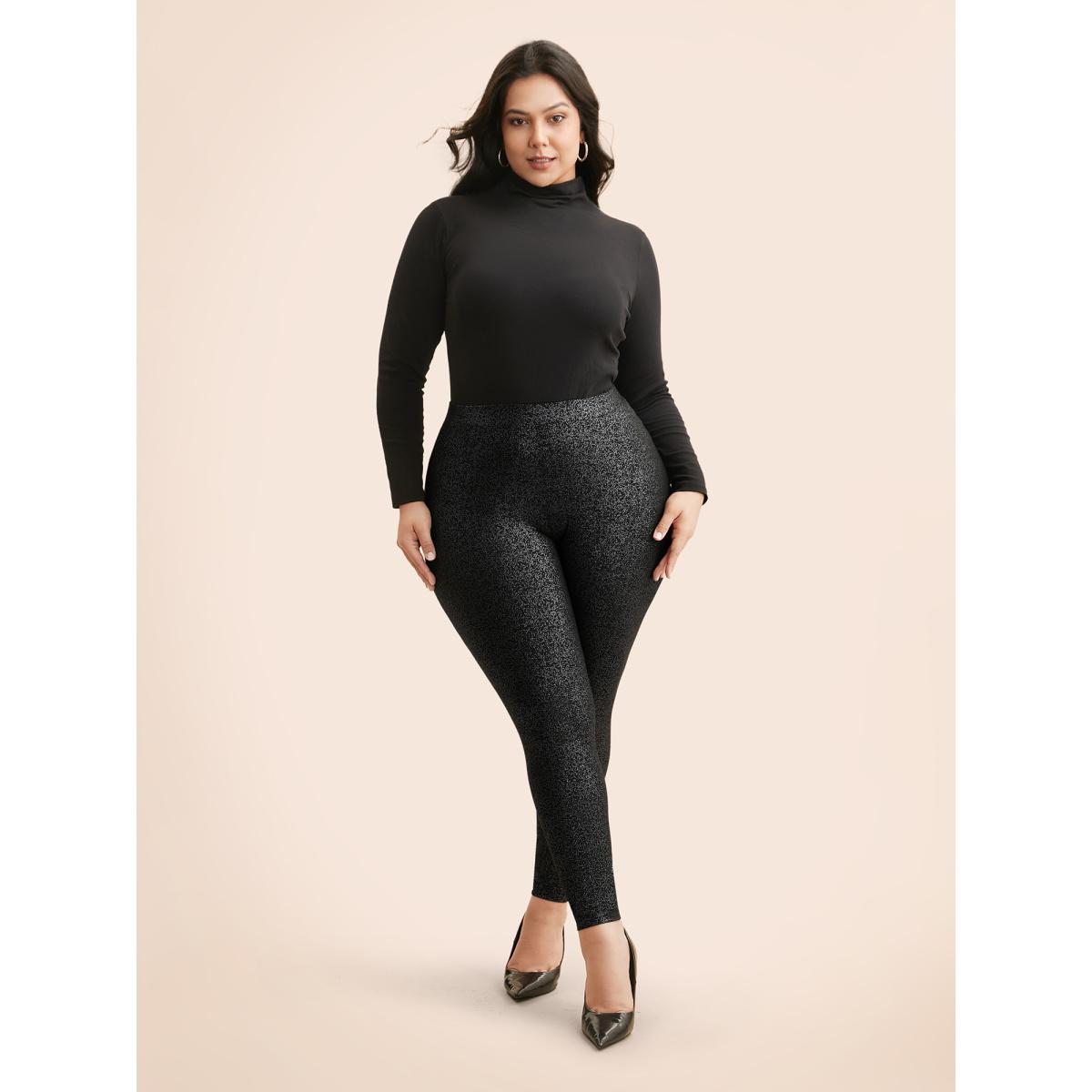 Plus Size Glitter Pleated Skinny Leggings Women Black Cocktail Medium stretch Skinny Mid Rise Party Leggings BloomChic 12/L Product Image