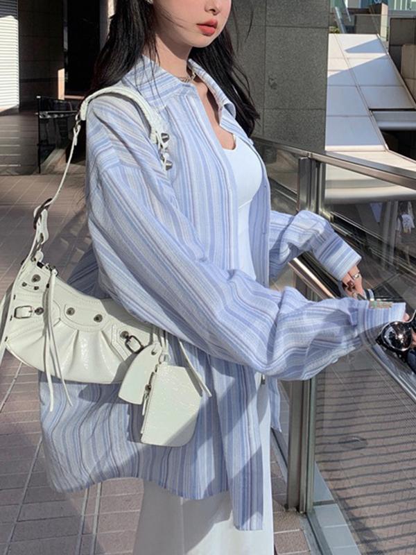 Fresh Stripe Thin Long Sleeve Blouse Product Image
