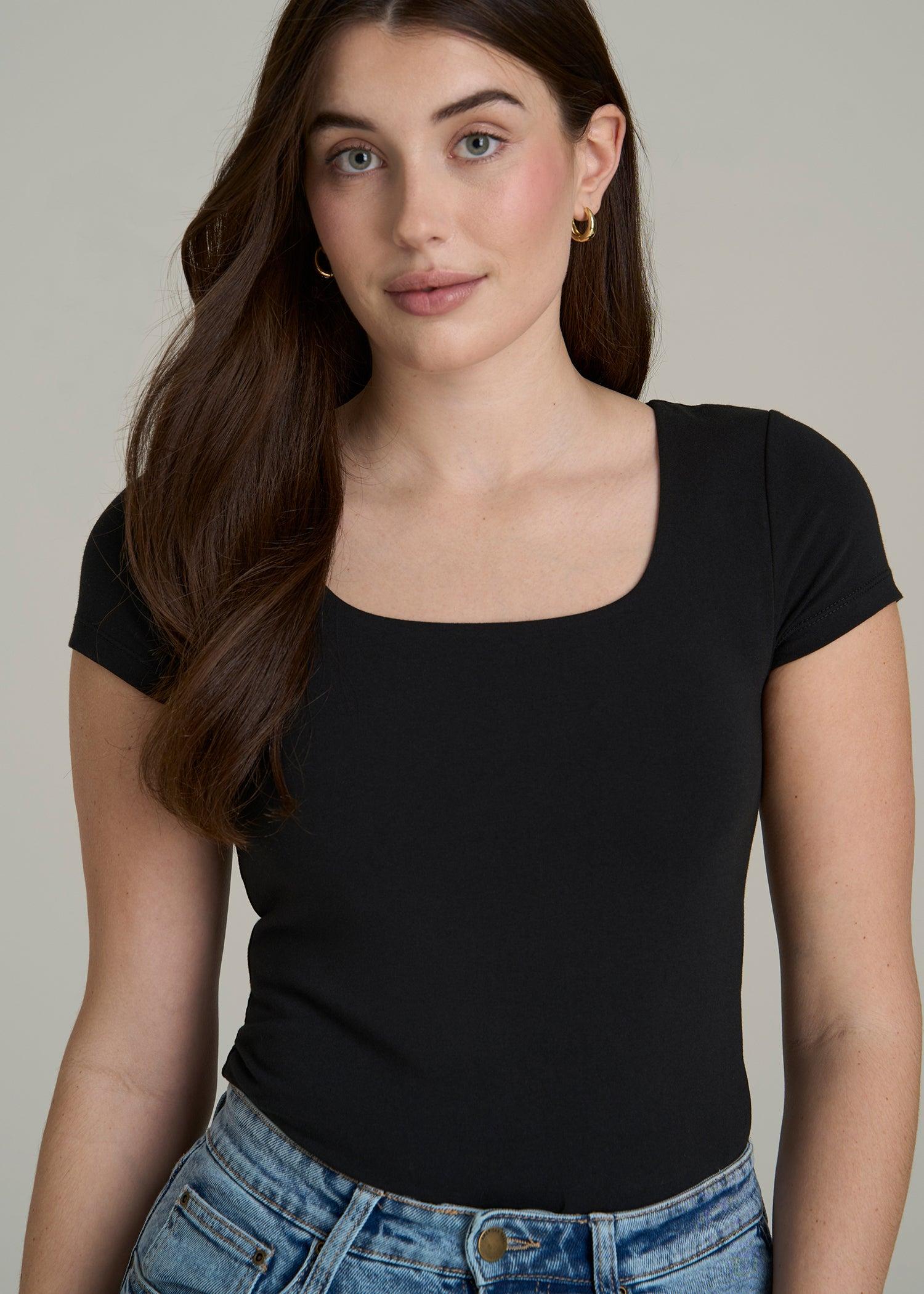 Cotton Blend Short Sleeve Square Neck Bodysuit for Tall Women in Black Female Product Image