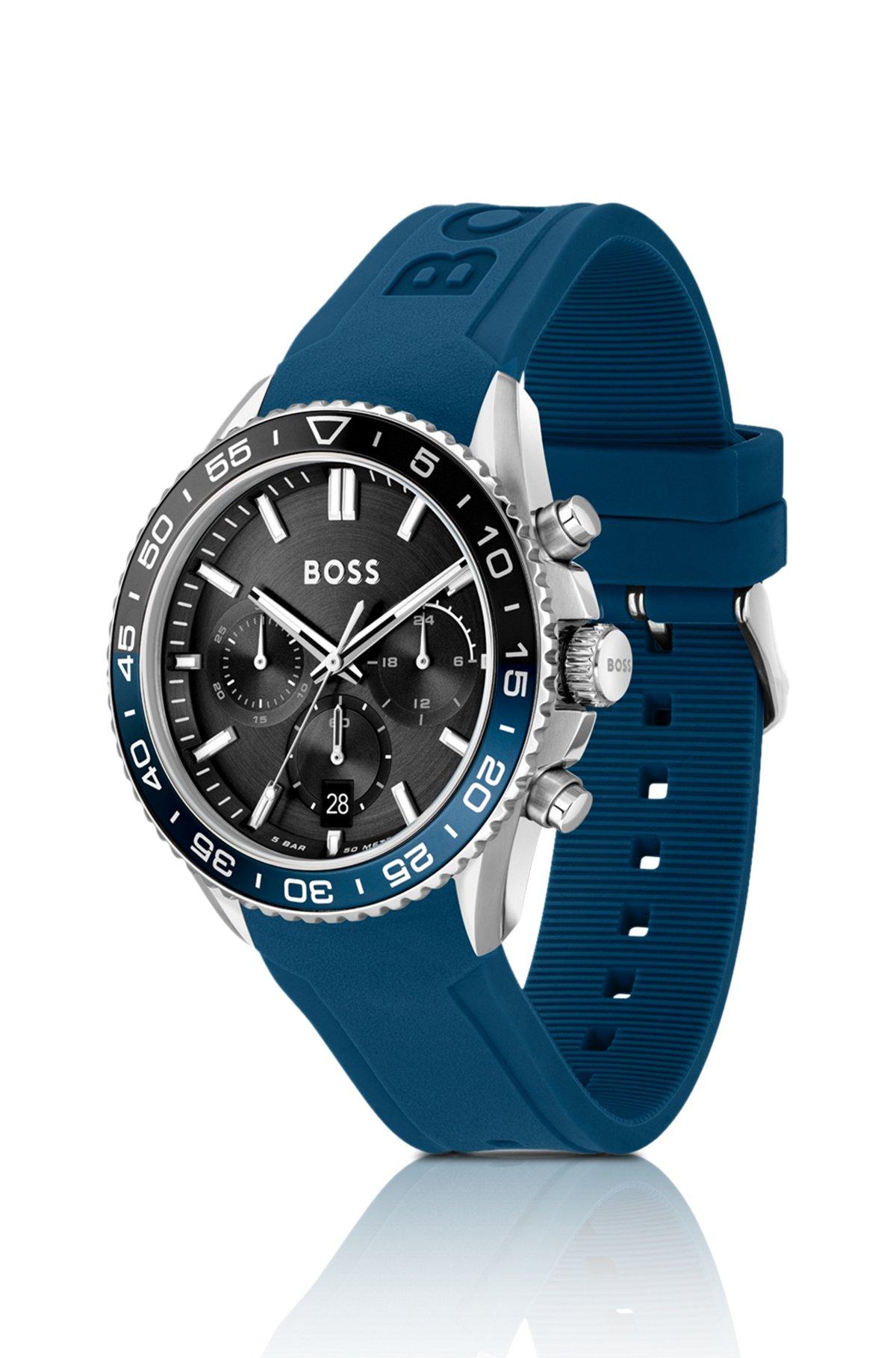 Black-dial chronograph watch with blue silicone strap Product Image