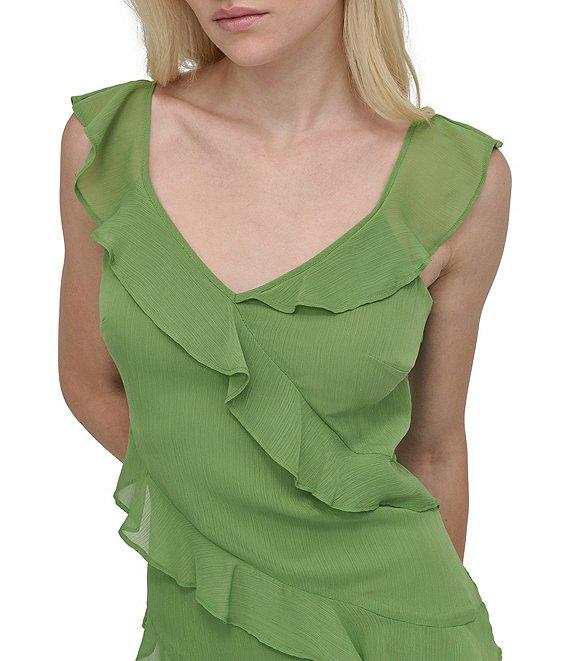 DKNY by Donna Karan Chiffon V Neck Sleeveless Ruffle Sheath Maxi Dress Product Image