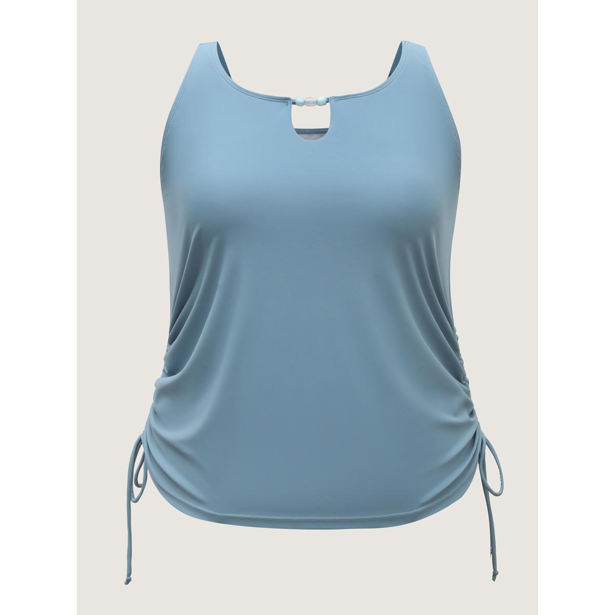 Plus Size Adjustable Drawstring Keyhole Swim Top Women's Swimwear LightBlue Beach Cut-Out High stretch Bodycon U-neck Curve Swim Tops BloomChic 14-16/1X Product Image