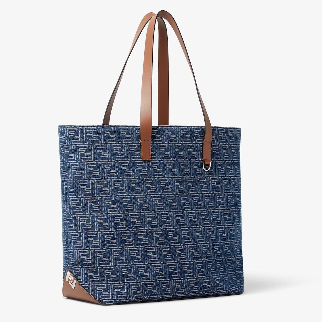 FF Shopping Bag MediumBlue denim-effect FF Jacquard and brown leather bag Product Image