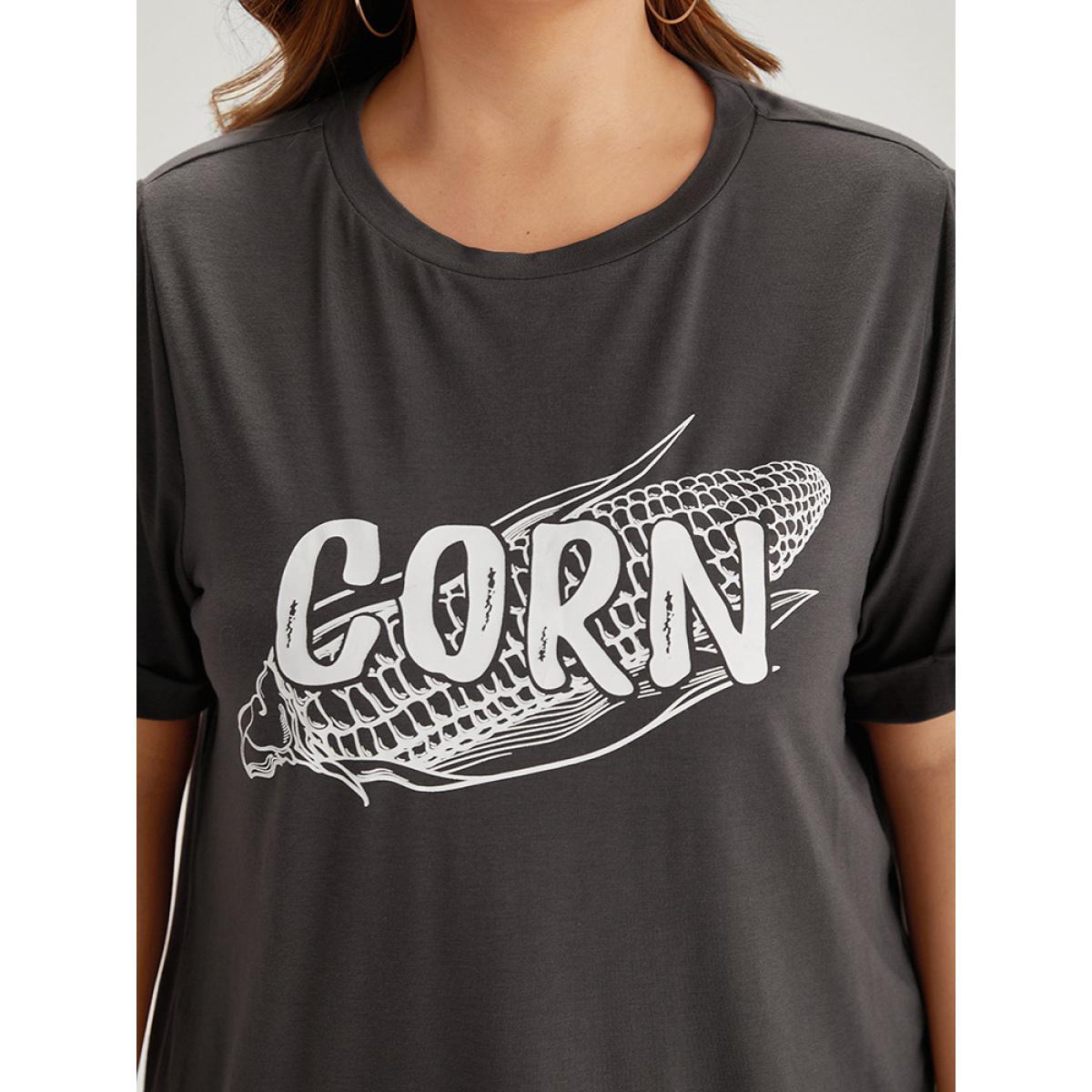 Plus Size Corn Print Round Neck Roll Sleeve T-shirt DimGray Women Casual Printed Western Dailywear T-shirts BloomChic 12/L Product Image