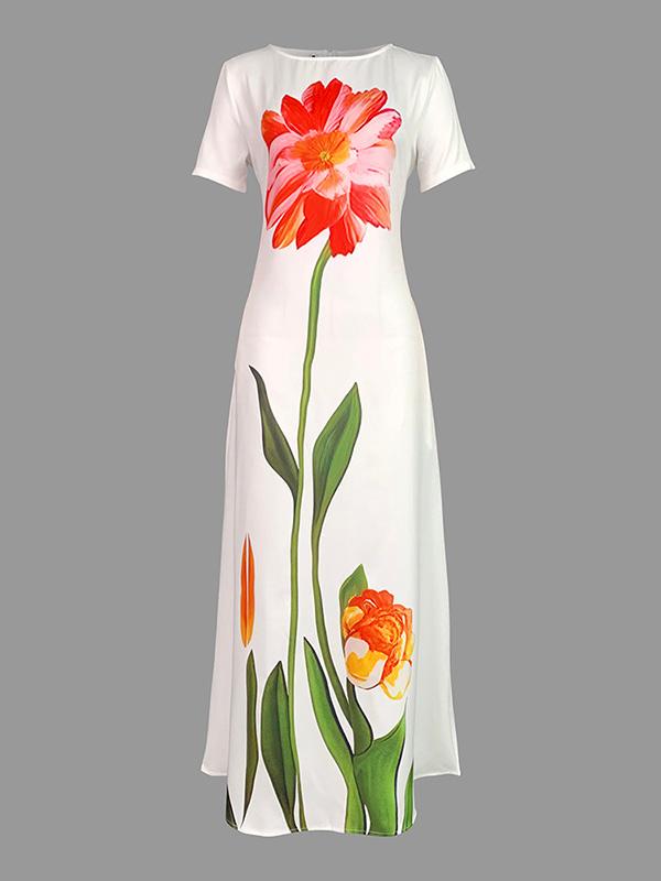 Short Sleeves Flower Print Boat Neck Maxi Dresses Product Image