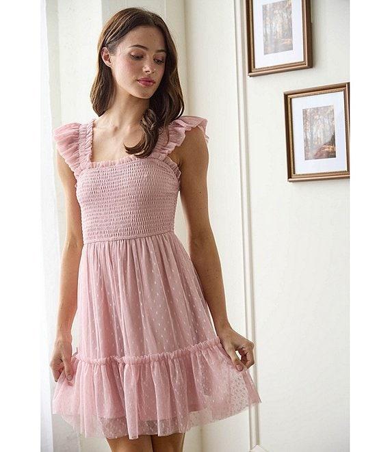 Blu Pepper Lace Smocked Square Neck Sleeveless Tiered Mini Dress Product Image