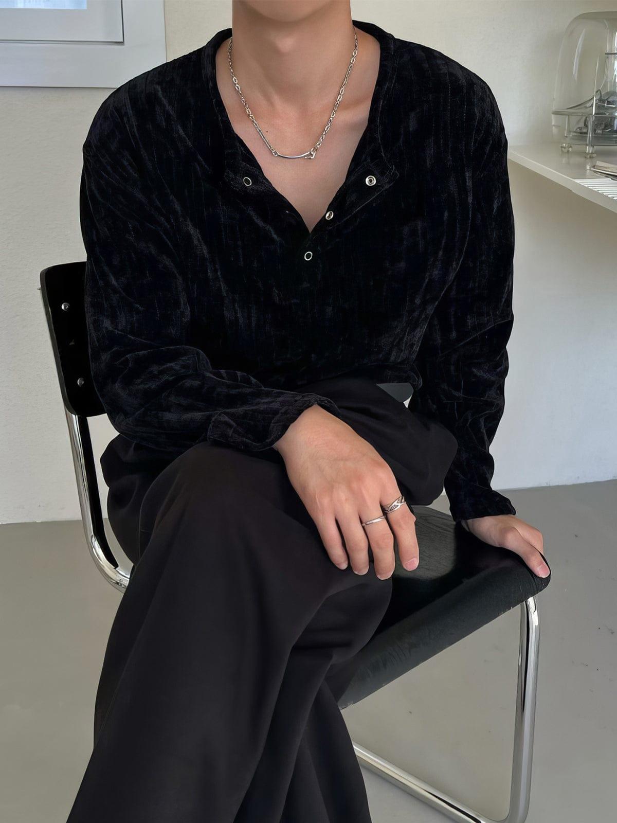 RT No. 12590 BLACK HENRY COLLAR VELVET SHIRT Product Image