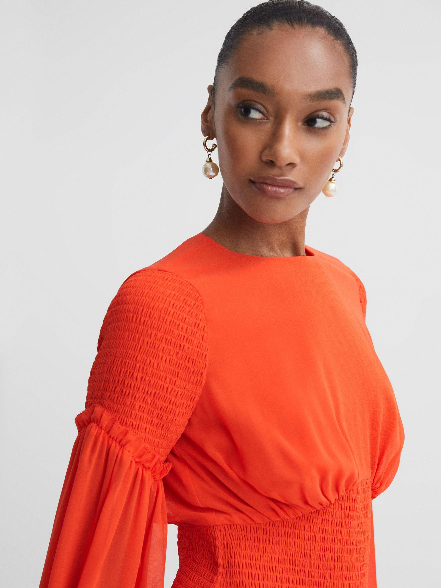 Florere Round Neck Shirred Mini Dress in Bright Orange Product Image