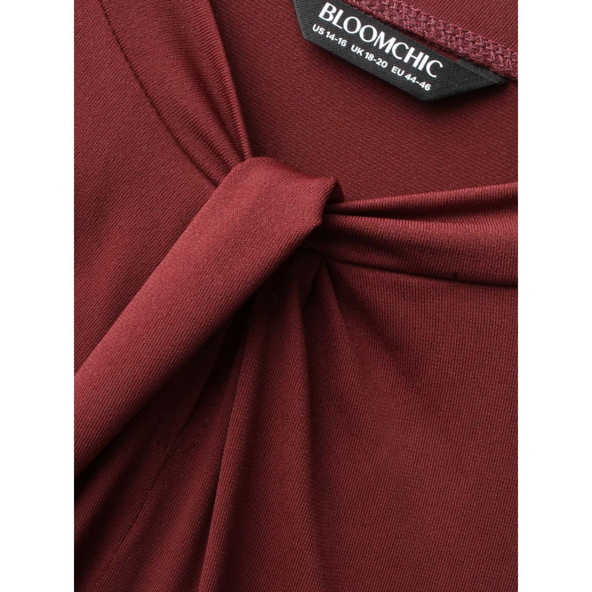 Plus Size Plain Twist Neck Midi Dress Burgundy Women At the Office Twist Asymmetrical Neck Long Sleeve Curvy BloomChic 28/5X Product Image