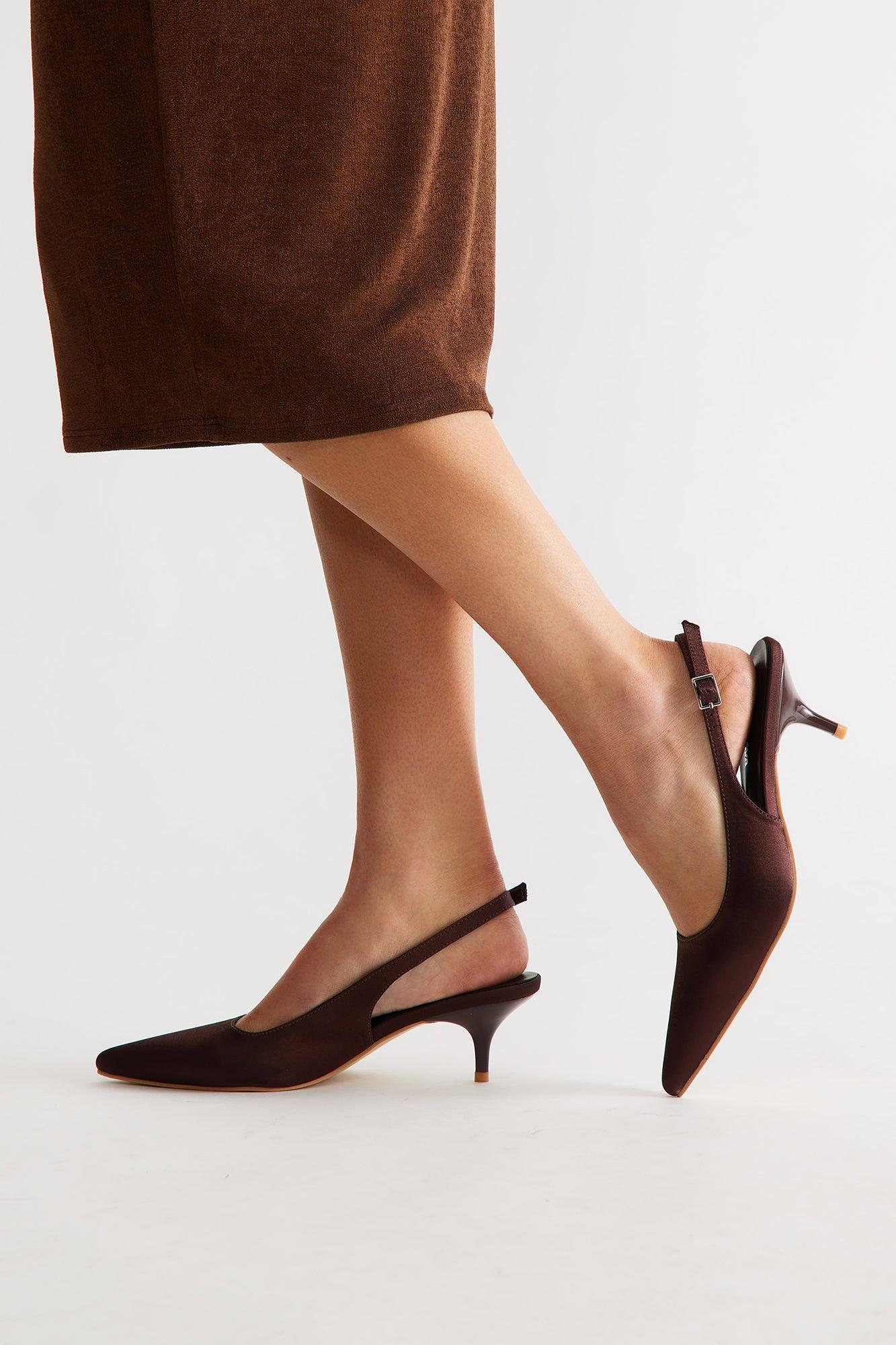 Smitten Satin Kitten Heel Pumps - Chocolate Product Image