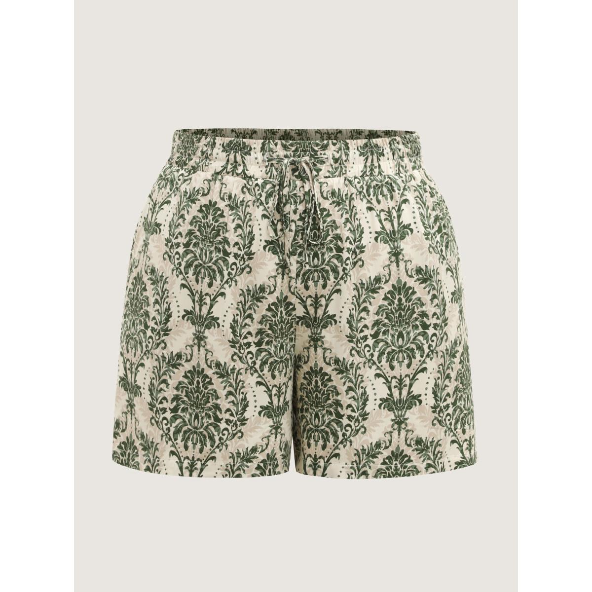 Plus Size Damask Print Straight-Leg Shorts Women LightGreen Resort Drawstring Straight Leg Vacation Shorts BloomChic 22-24/3X Product Image