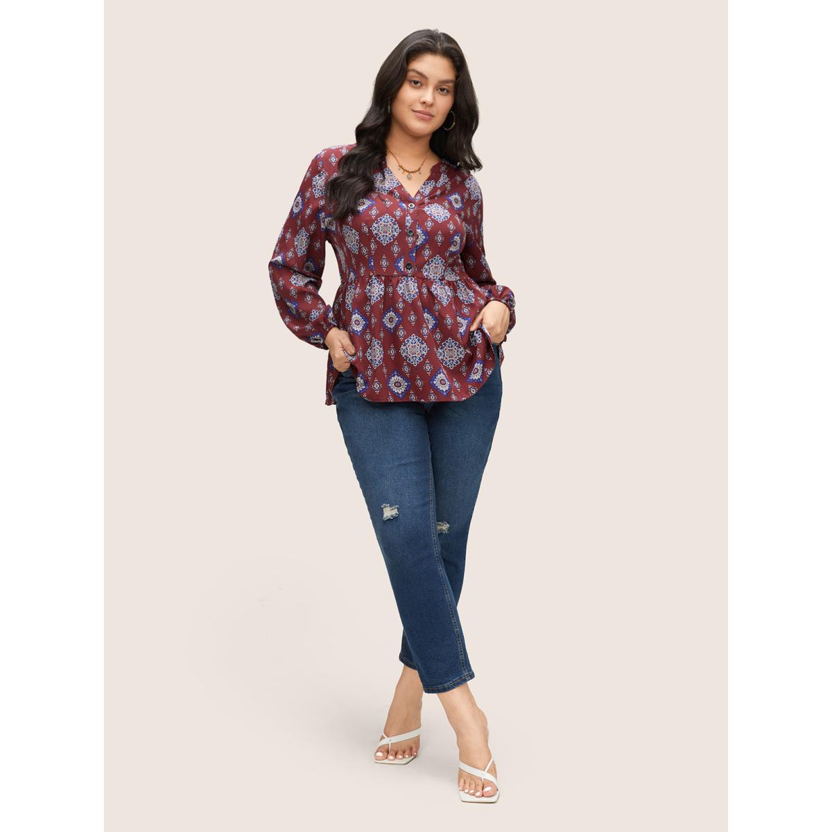 Plus Size Scarlet Boho Print Notched Lantern Sleeve Blouse Women Vacation Long Sleeve Notched collar Vacation Blouses BloomChic 28/5X Product Image