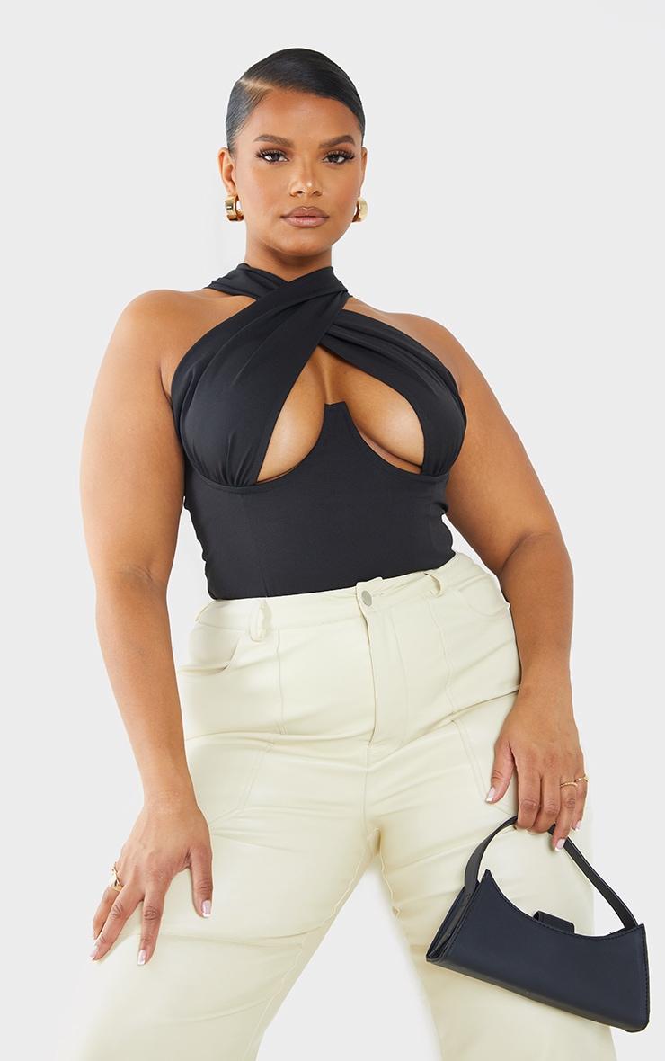 Plus Black Woven Cross Front Underwired Bodysuit Product Image