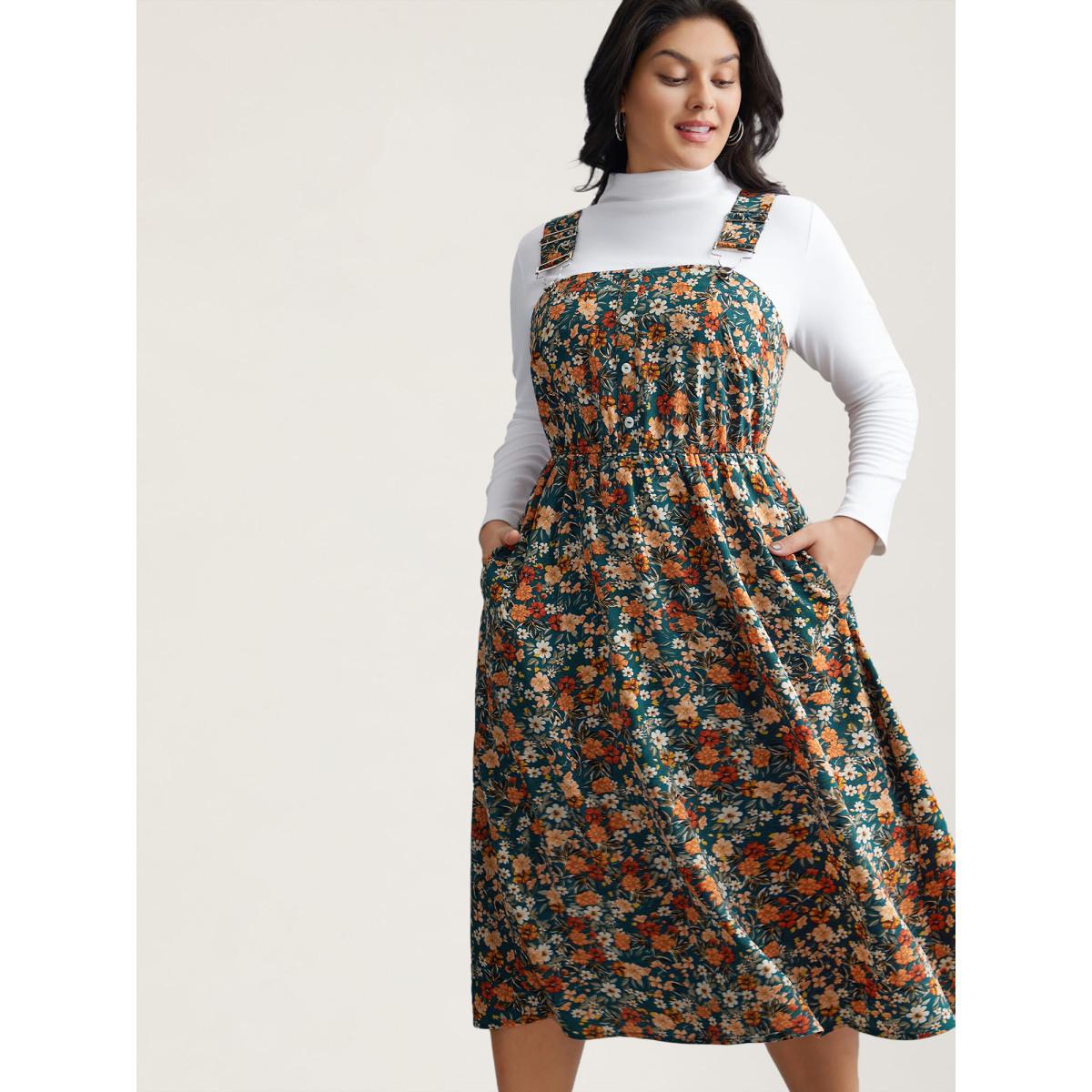 Plus Size Ditsy Floral Adjustable Straps Elastic Waist Dress Teal Women Leisure Gathered Non Sleeveless Curvy BloomChic 12/L Product Image