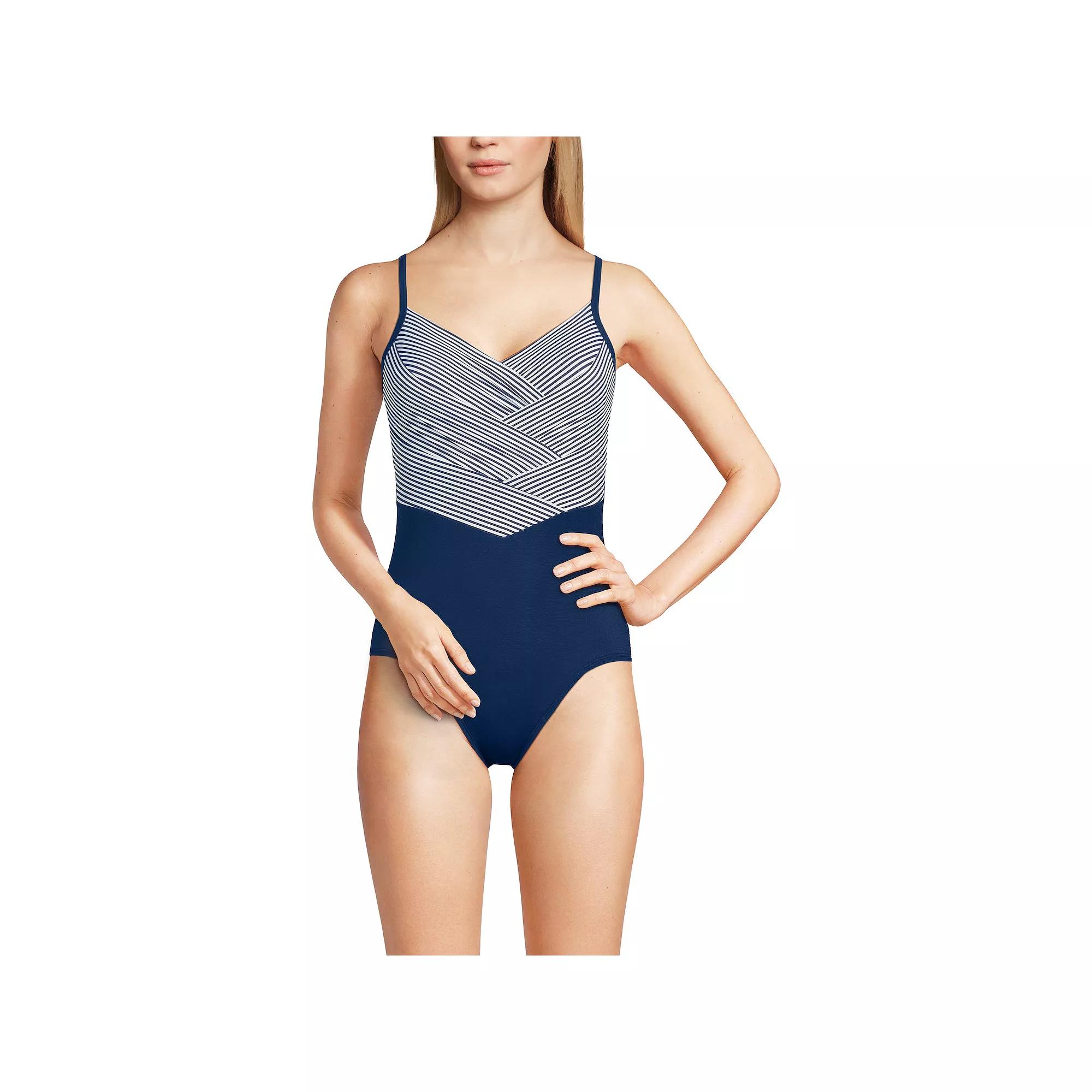 Women's Lands' End Slendertex V-Neck Pleated Crossback One-Piece Swimsuit, Size: 8, Blue Mini Stripe Product Image