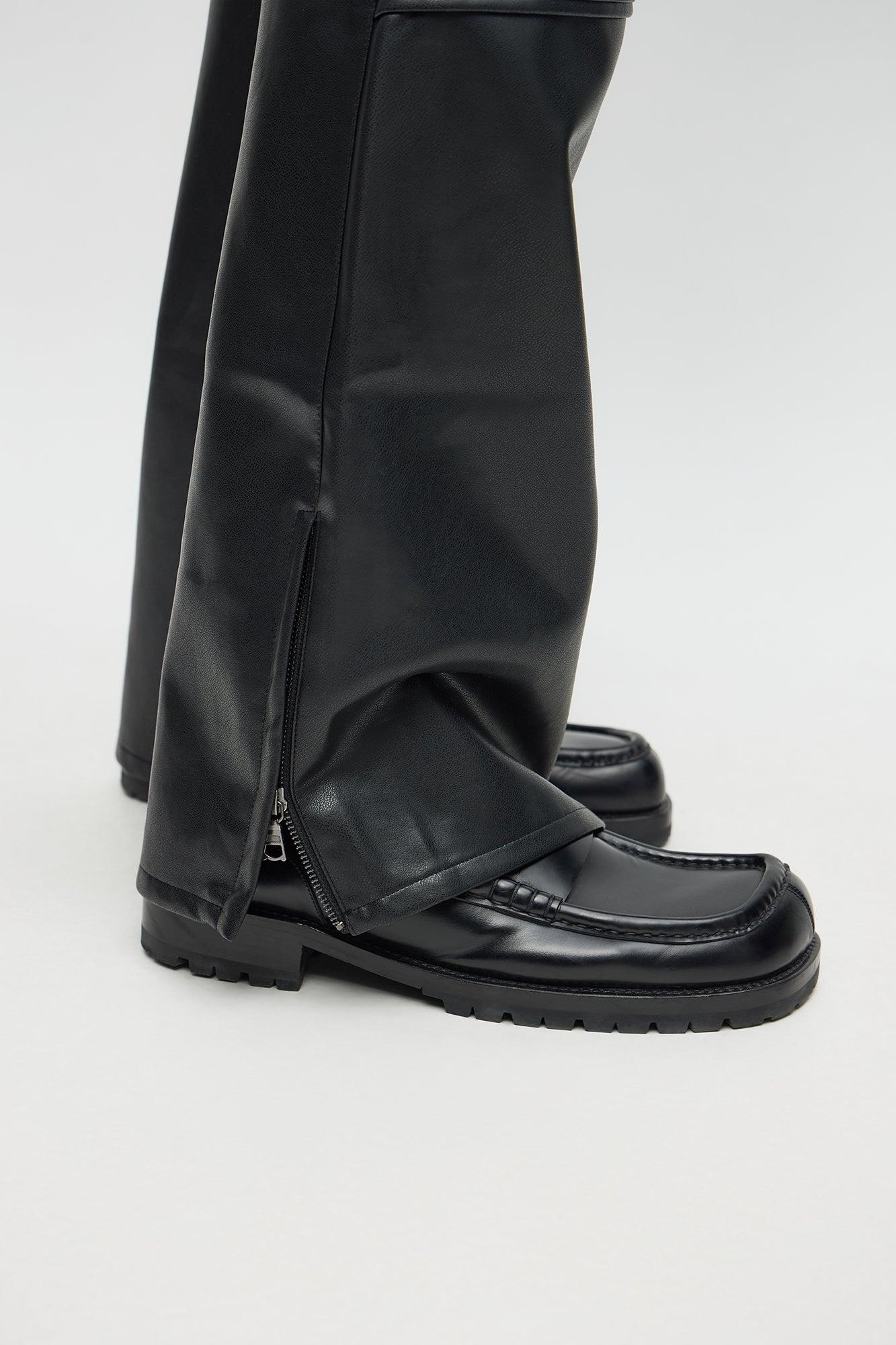 Slim Flare Zipper Pocket Faux Leather Pants - Black Male Product Image