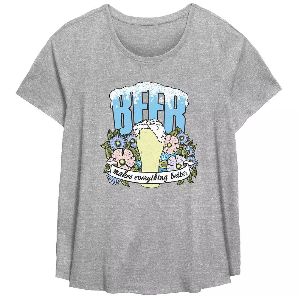 Plus Size Beer Makes Everything Better Scoop Hem Flow Graphic Tee, Women's, Size: 2XL, Grey Gray Product Image
