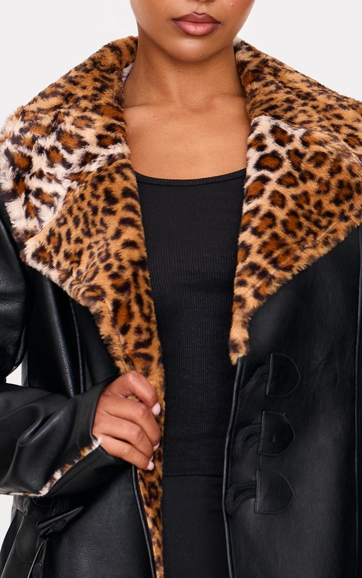 Black Faux Fur White Trim Contrast Faux Leather Jacket Product Image