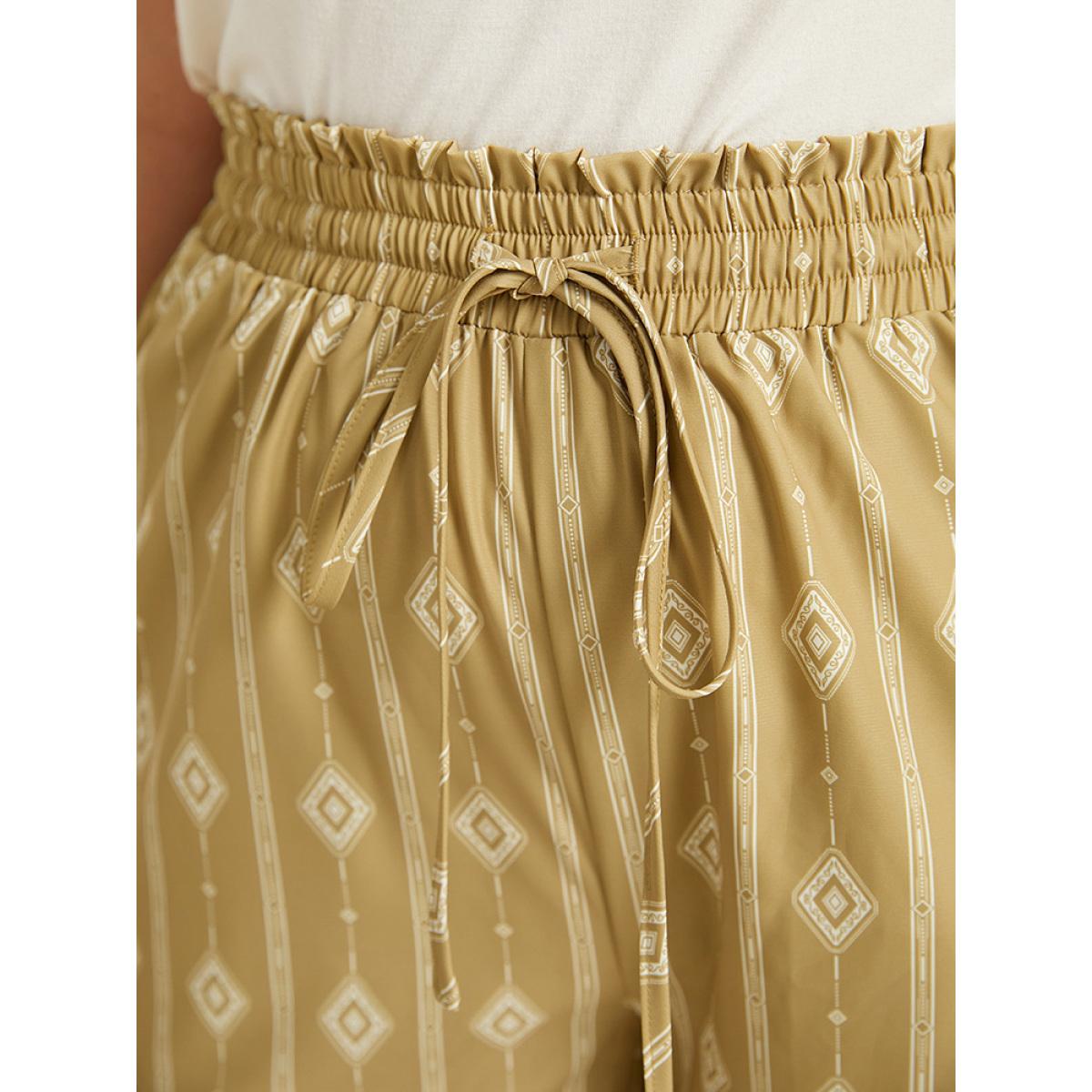 Plus Size Boho Print Drawstring Elastic Waist Pants Women Yellow Vacation Straight Leg High Rise Dailywear Pants BloomChic 10/M Product Image