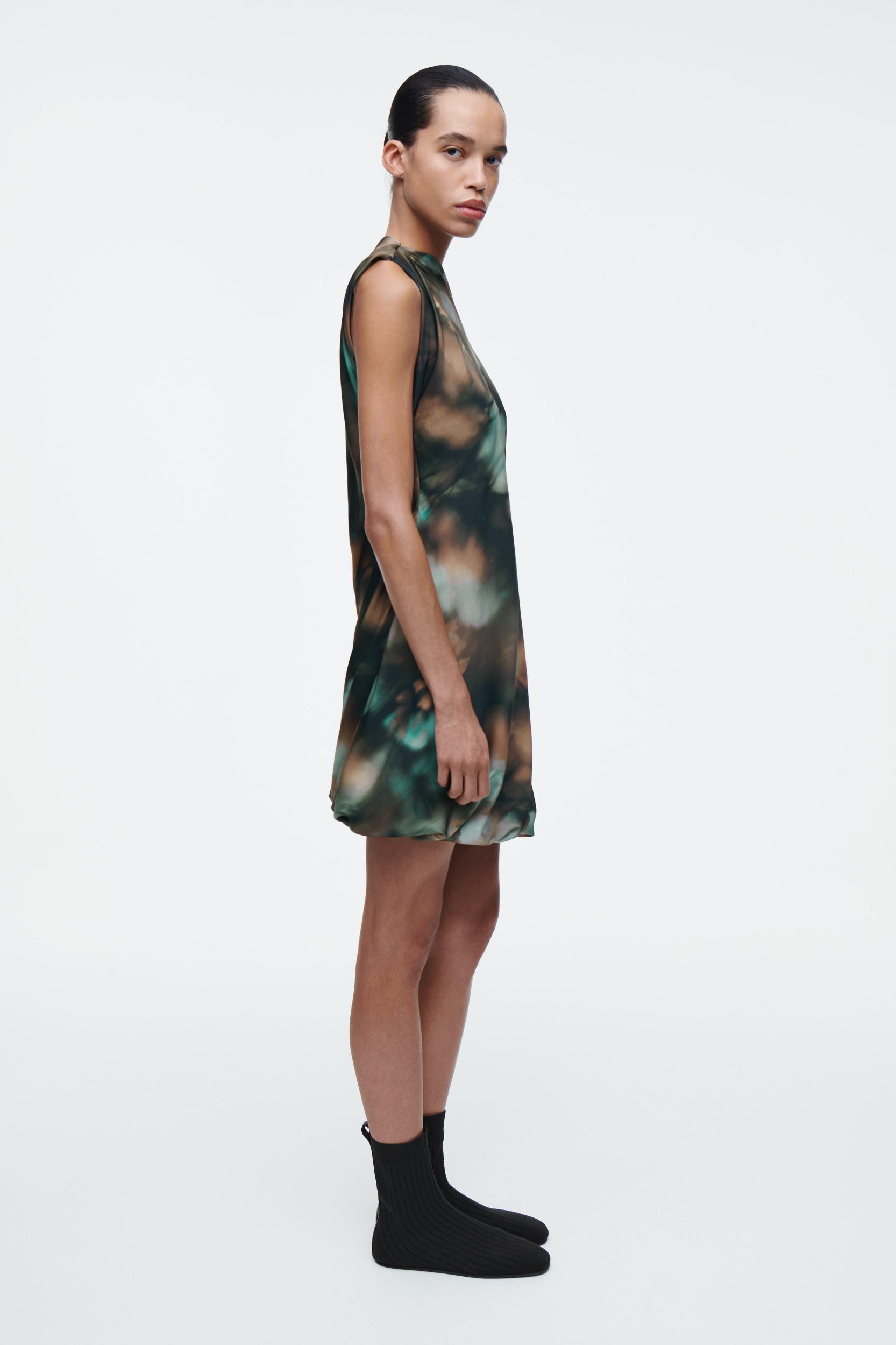 PRINTED DRAPED SILK DRESS Product Image