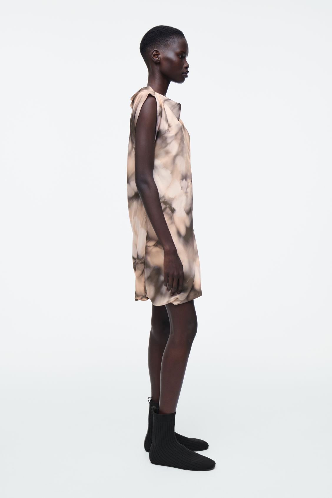 PRINTED DRAPED SILK DRESS Product Image