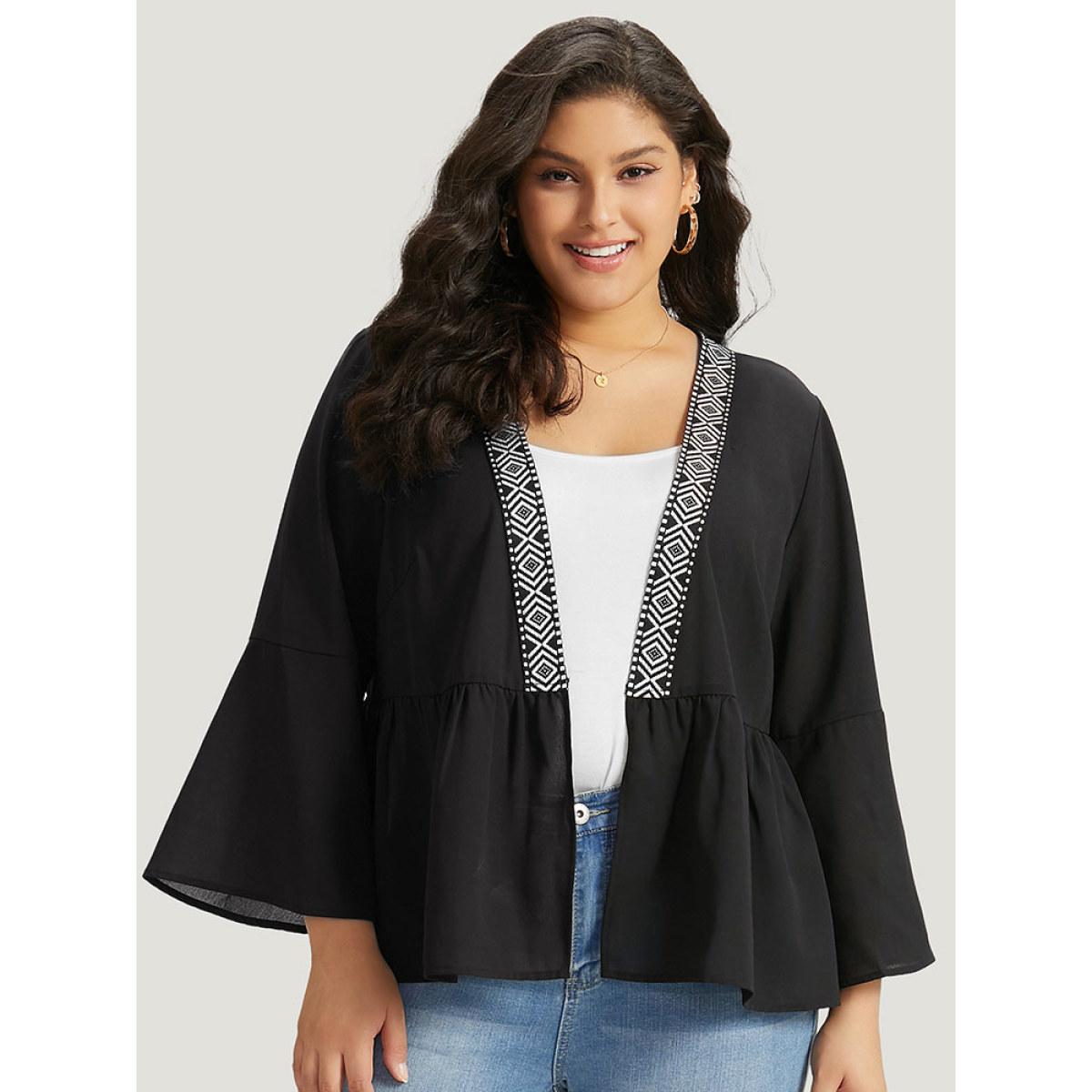 Plus Size Geometric Print Mesh Patchwork Kimono Women Black Resort Vacation Kimonos BloomChic 14-16/1X Product Image