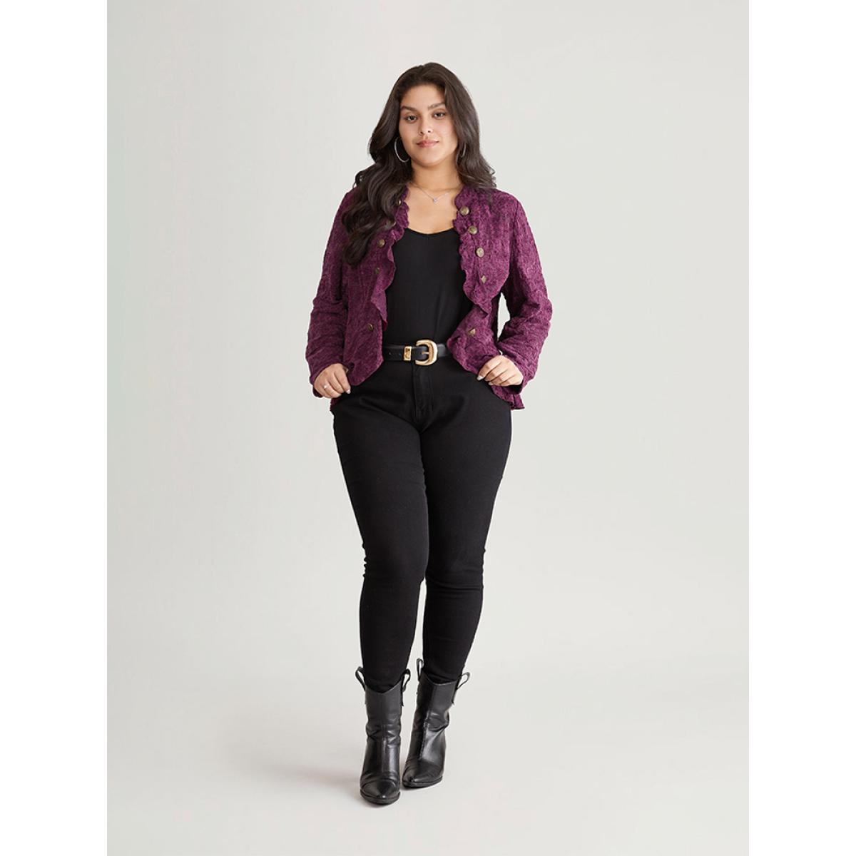 Plus Size Guipure Lace Ruffle Trim Buckle Detail Jacket Women Purple Plain Dailywear Jackets BloomChic 26/4X Product Image